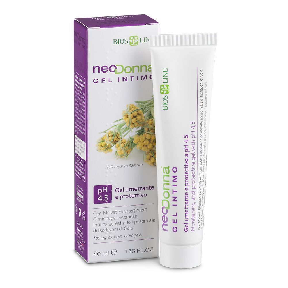 Confezione e tubo bianco-viola. Scritta: necDonna GEL INTIMO. Gel umettante e protettivo a pH 4,5. 40 ml.