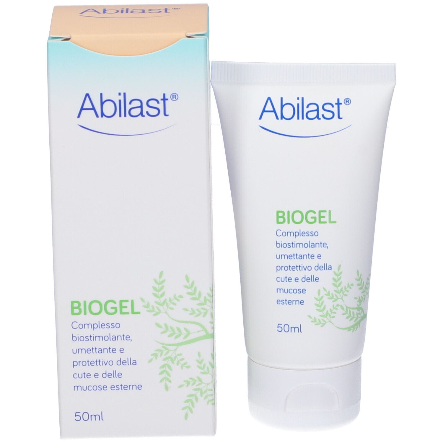 Tubo e scatola Abilast® Biogel. Il tubo è bianco con logo blu e scritta verde. La scatola ha lo stesso design.
