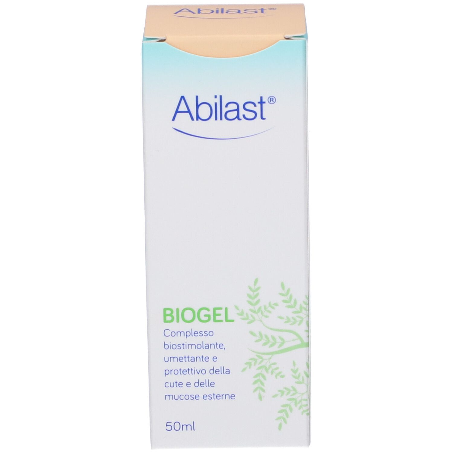 Scatola bianca con logo Abilast® blu e scritta BIOGEL verde. Contiene 50 ml. La scatola ha una parte superiore marrone chiaro.