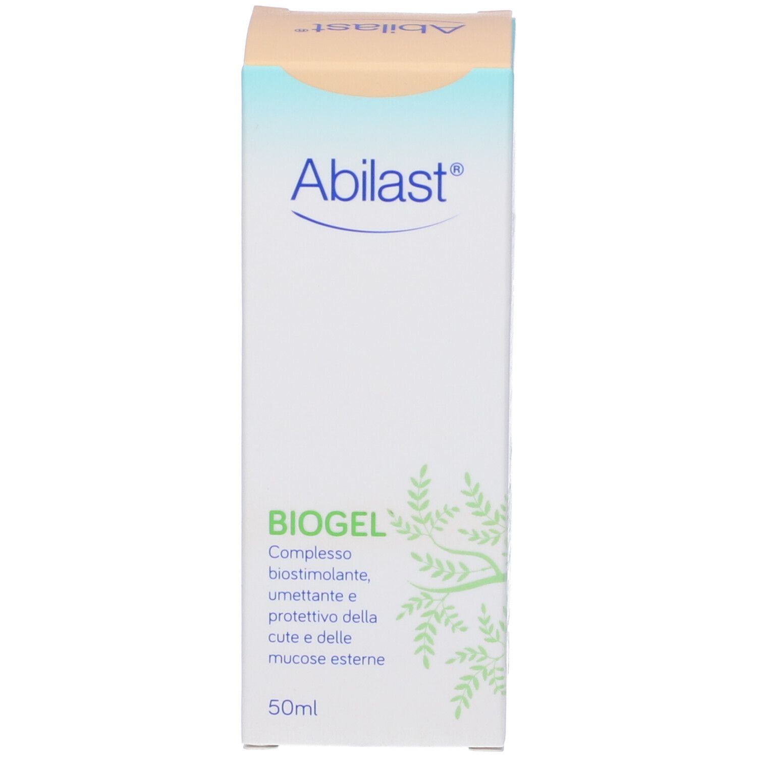 Scatola bianca con logo Abilast® blu e scritta BIOGEL verde. Contiene 50 ml. La scatola ha una parte superiore marrone chiaro.
