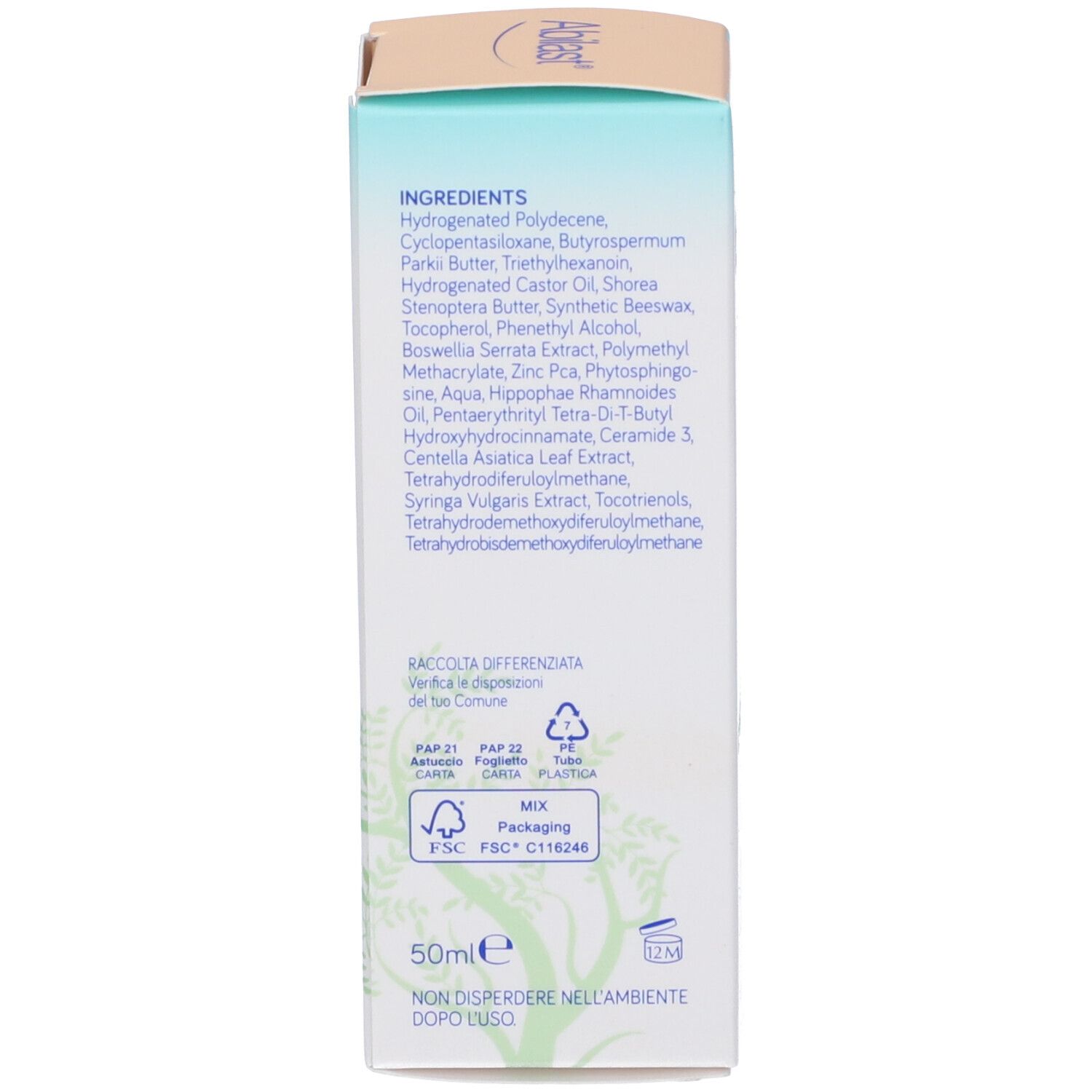 Retro di una scatola bianca con ingredienti e simboli di riciclaggio. Contiene 50 ml. Certificazione FSC.