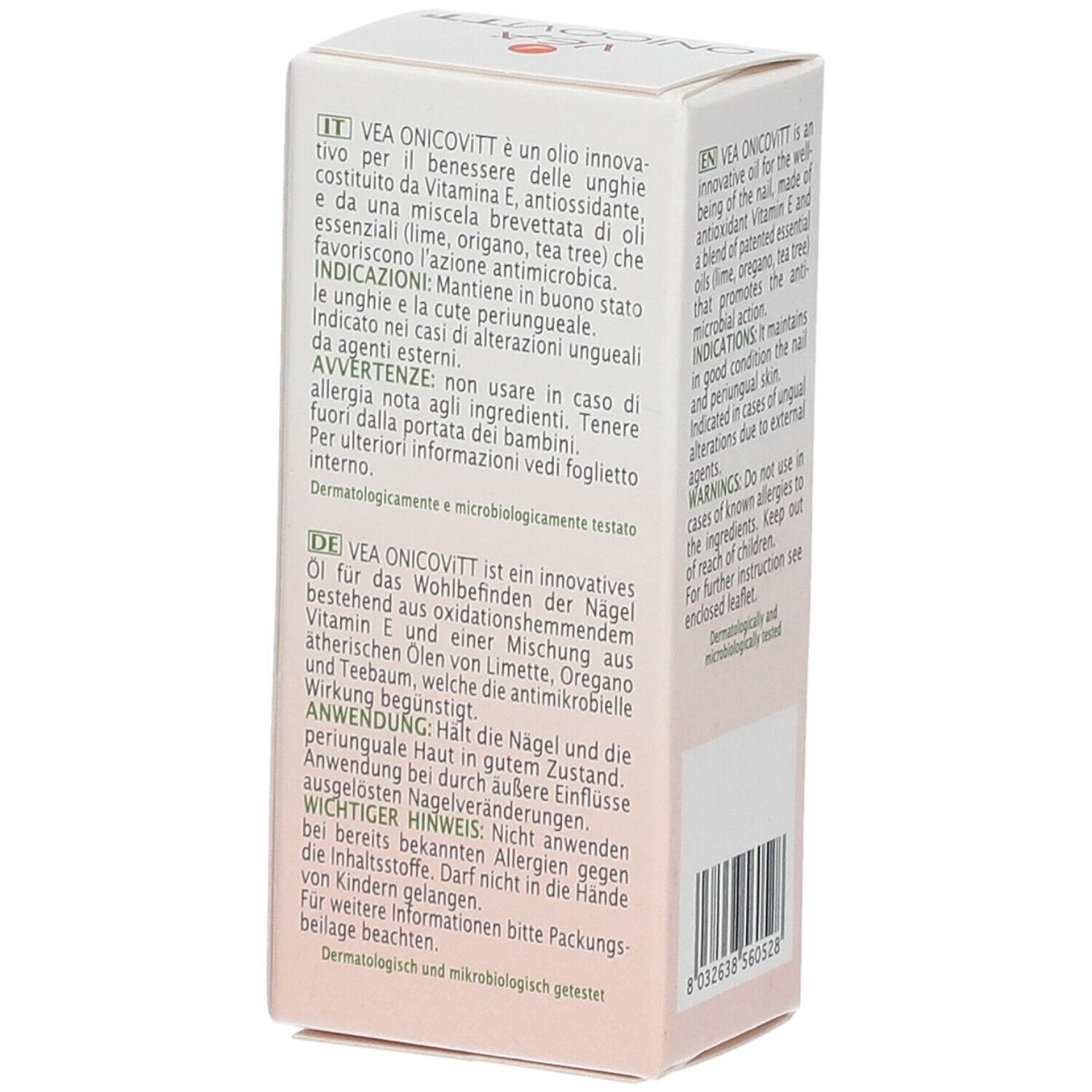 Confezione. Nome prodotto: Vea Onicovitt. Testo in tedesco, italiano e inglese. Contiene 7 ml.