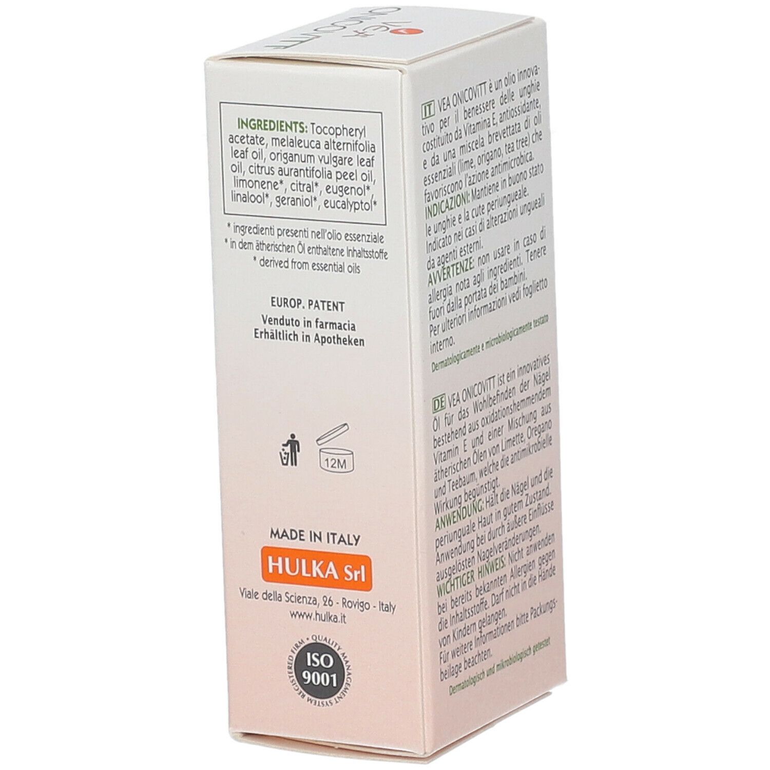 Confezione. Nome prodotto: Vea Onicovitt. Testo in tedesco, italiano e inglese. Contiene 7 ml.