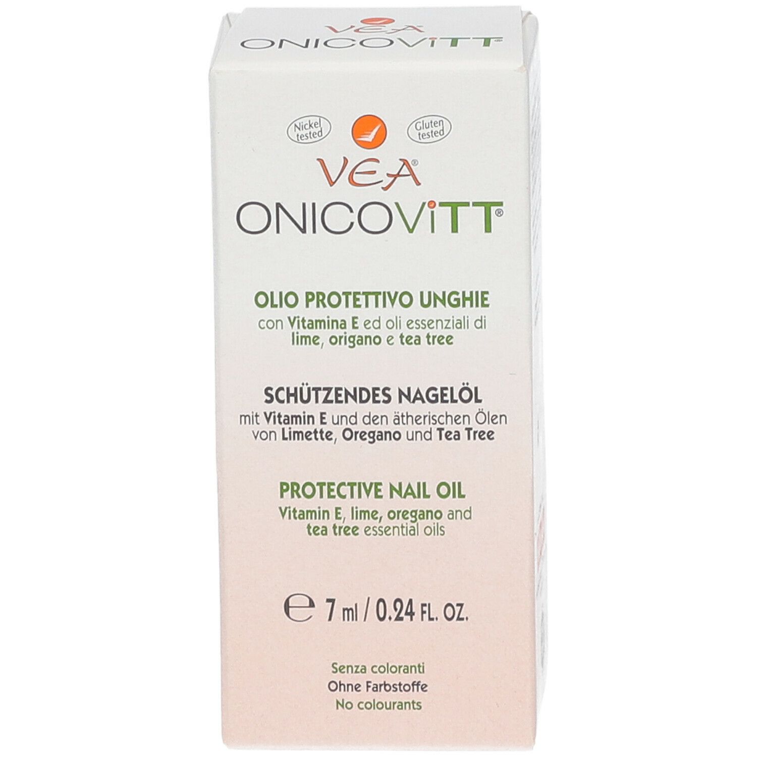 Confezione bianca. Nome prodotto: Vea Onicovitt. Contiene 7 ml. Testato nichel e glutine.
