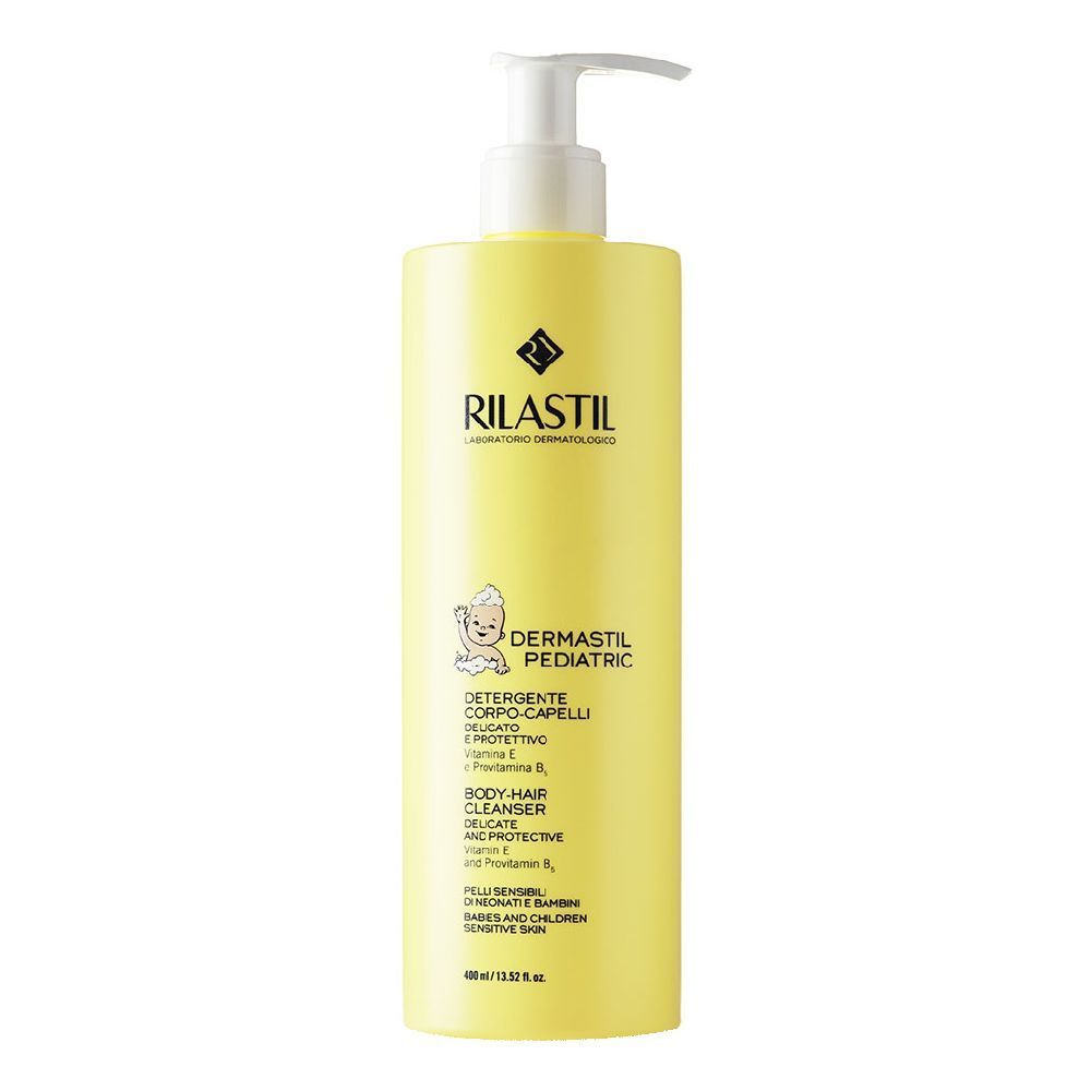 Flacone giallo con dosatore. Scritta: Rilastil, Dermastil Pediatric, Body-Hair Cleanser. Contiene vitamina E e B5. Per pelli sensibili.
