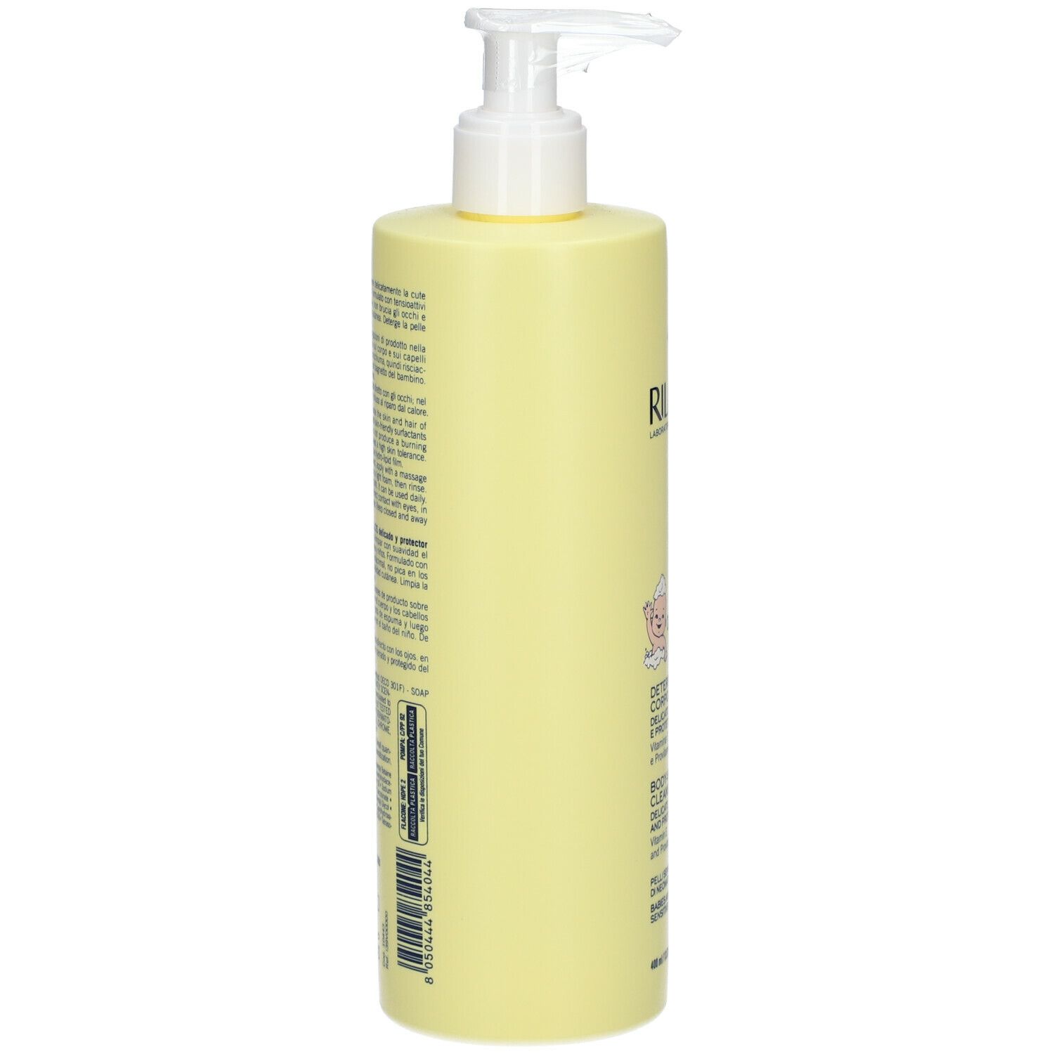 Flacone giallo con dosatore. Scritta: Rilastil, Dermastil Pediatric, Body-Hair Cleanser. Contiene vitamina E e B5. Per pelli sensibili.