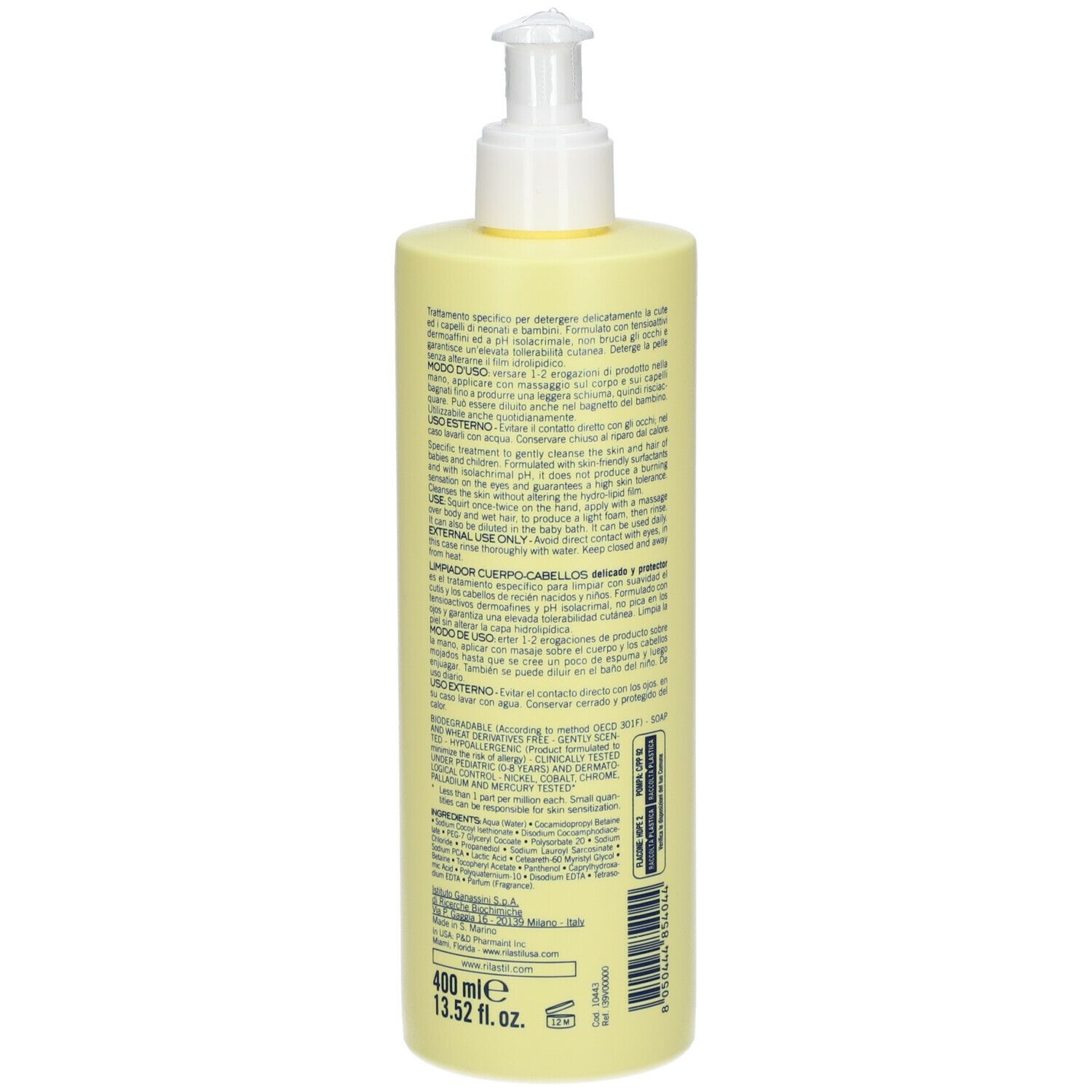Flacone giallo con dosatore. Retro con testo. Scritta: 400 ml, 13.52 fl. oz.