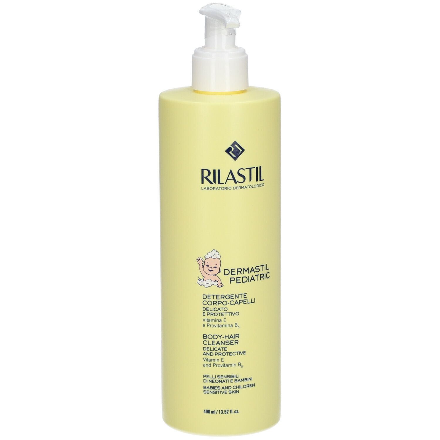 Flacone giallo con dosatore. Retro con testo. Scritta: 400 ml, 13.52 fl. oz.