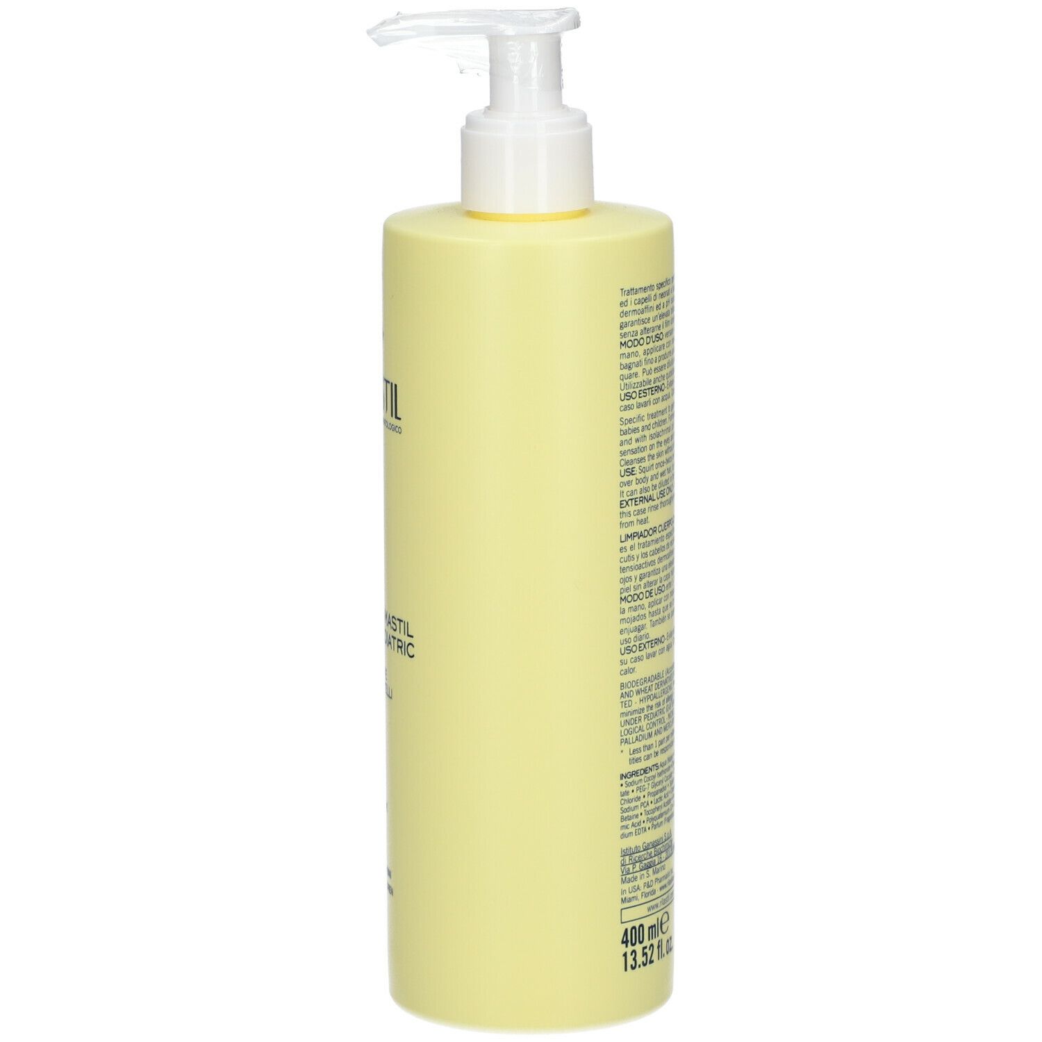 Flacone giallo con dosatore. Scritta: Rilastil, Dermastil Pediatric, Body-Hair Cleanser. Contiene vitamina E e B5. Per pelli sensibili.