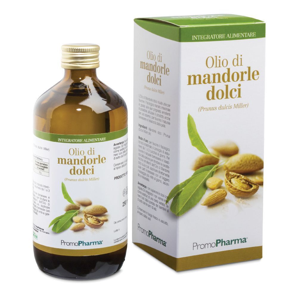 Bottiglia in vetro marrone e scatola con "Olio di mandorle dolci". Marchio PromoPharma. Mandorle e foglie illustrate.
