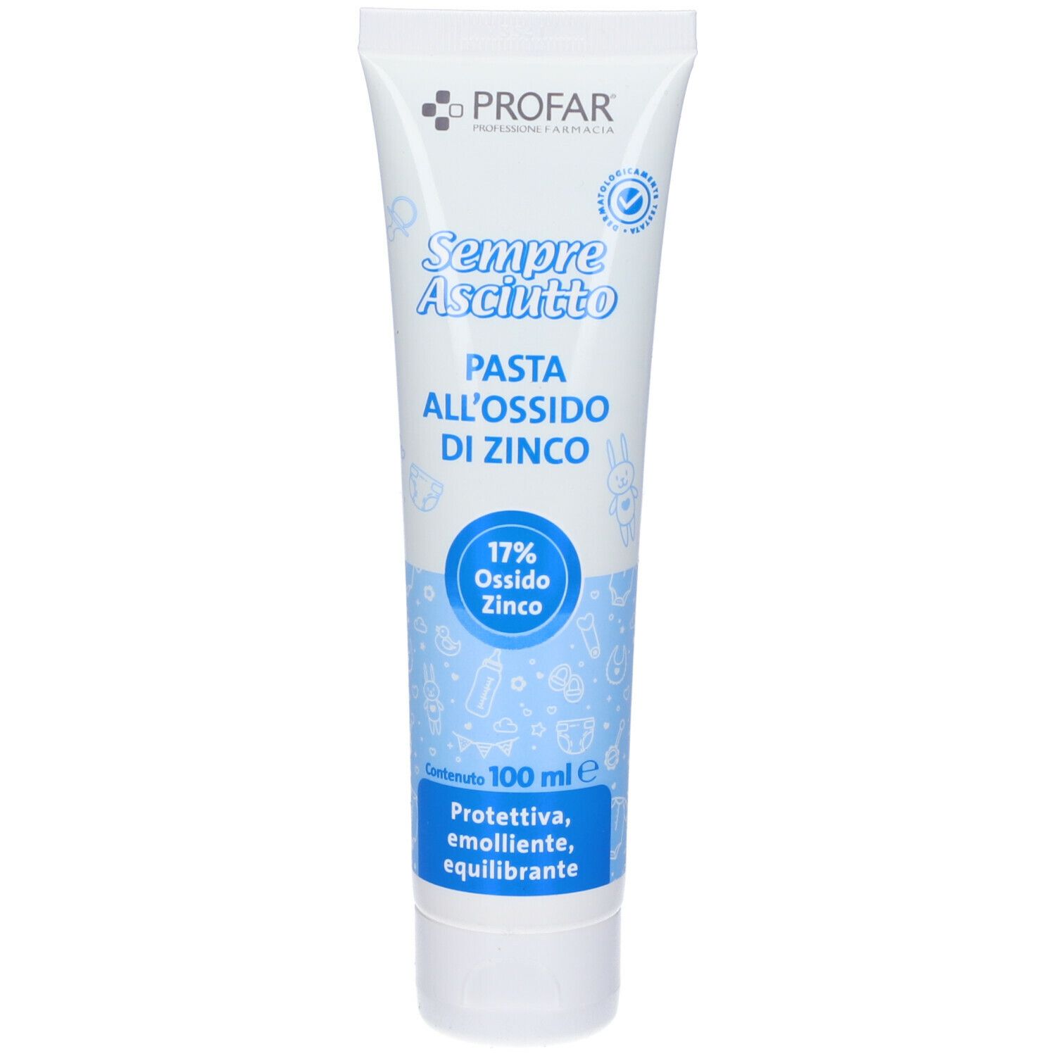 Tubo bianco PROFAR Pasta all'ossido di Zinco 17%. Scritte e illustrazioni blu. 100 ml.