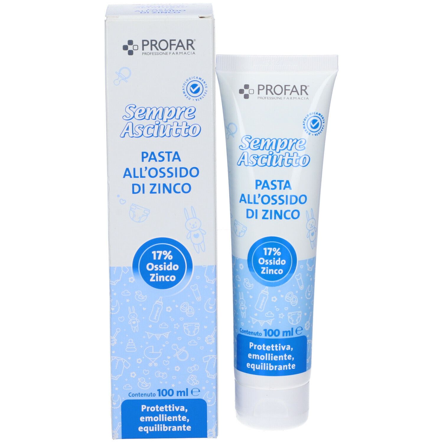 PROFAR Pasta all'ossido di Zinco 17% in scatola e tubo. Confezione bianca, scritte blu.