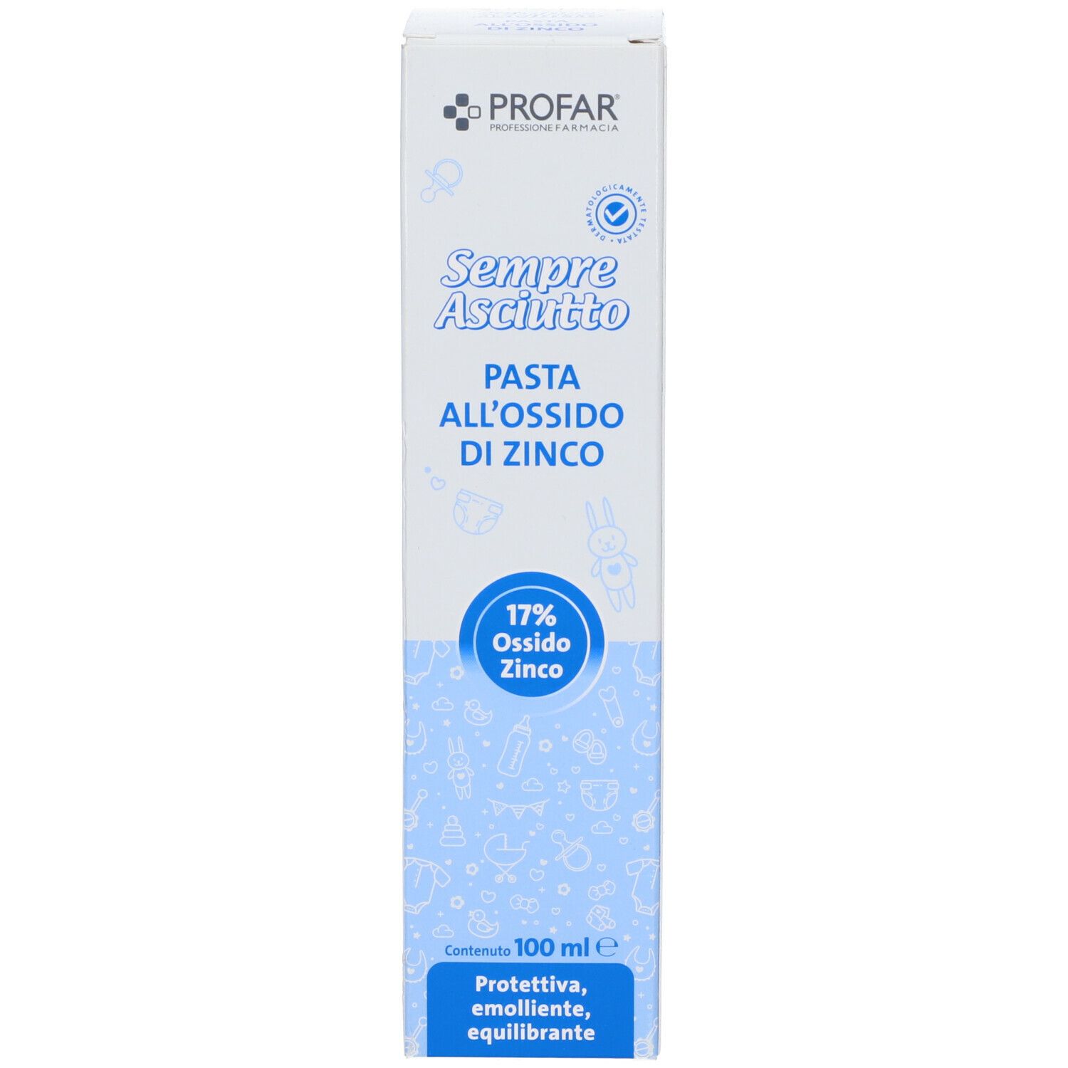Scatola bianca PROFAR Pasta all'ossido di Zinco 17%. Scritte e illustrazioni blu. 100 ml.