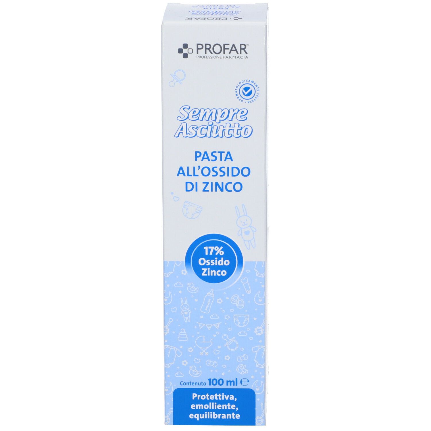 Scatola bianca PROFAR Pasta all'ossido di Zinco 17%. Scritte e illustrazioni blu. 100 ml.