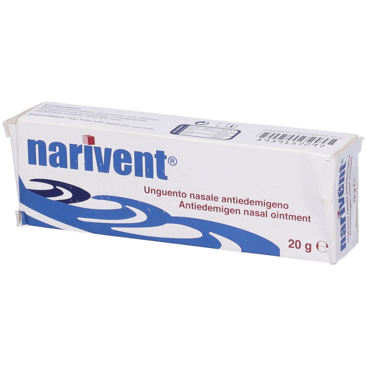 Scatola bianca con logo "narivent". Testo: Unguento nasale antiedemigeno, 20 g. Codice a barre e altre informazioni.