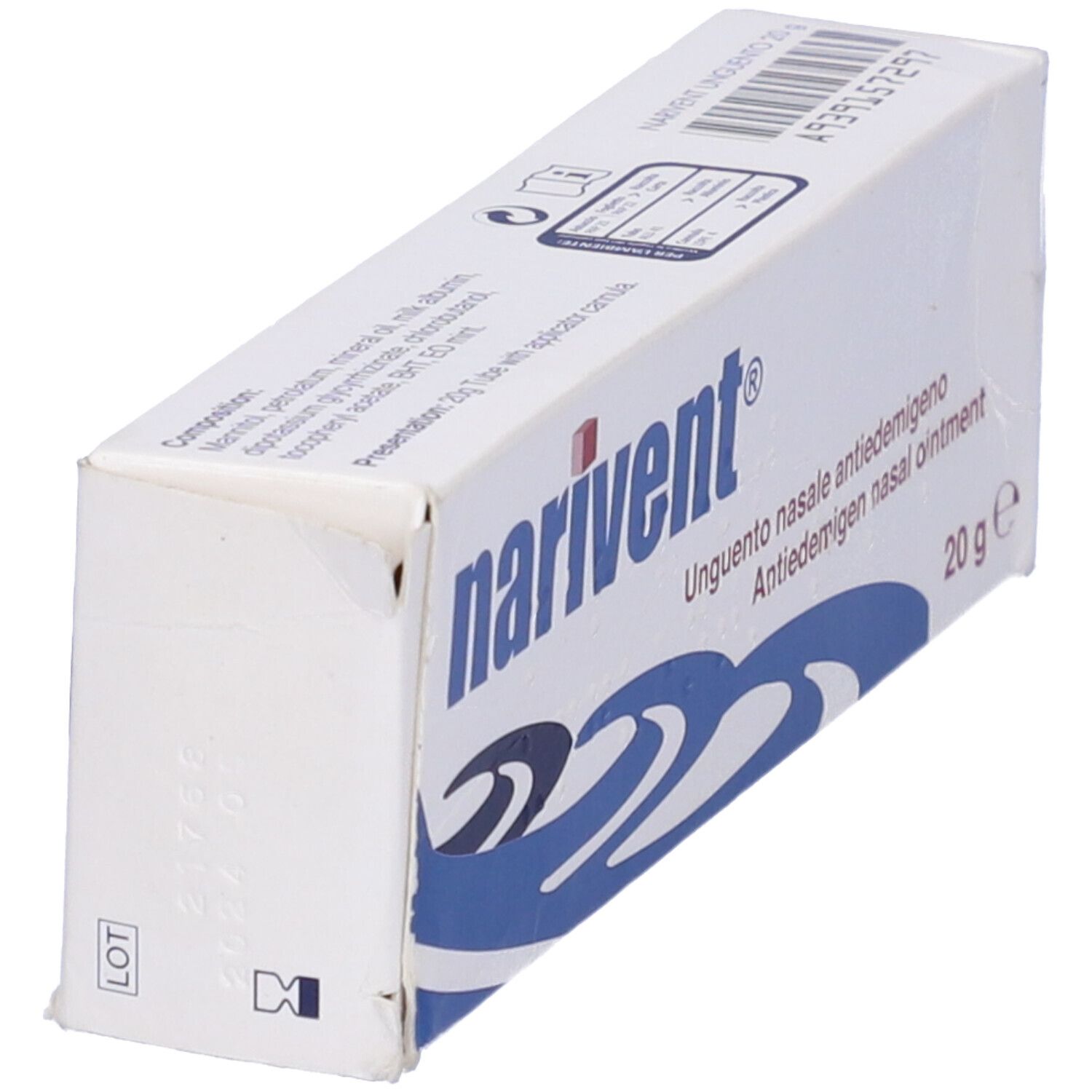 Scatola bianca con logo "narivent". Testo: Unguento nasale antiedemigeno, 20 g. Vista laterale con testo e codice.