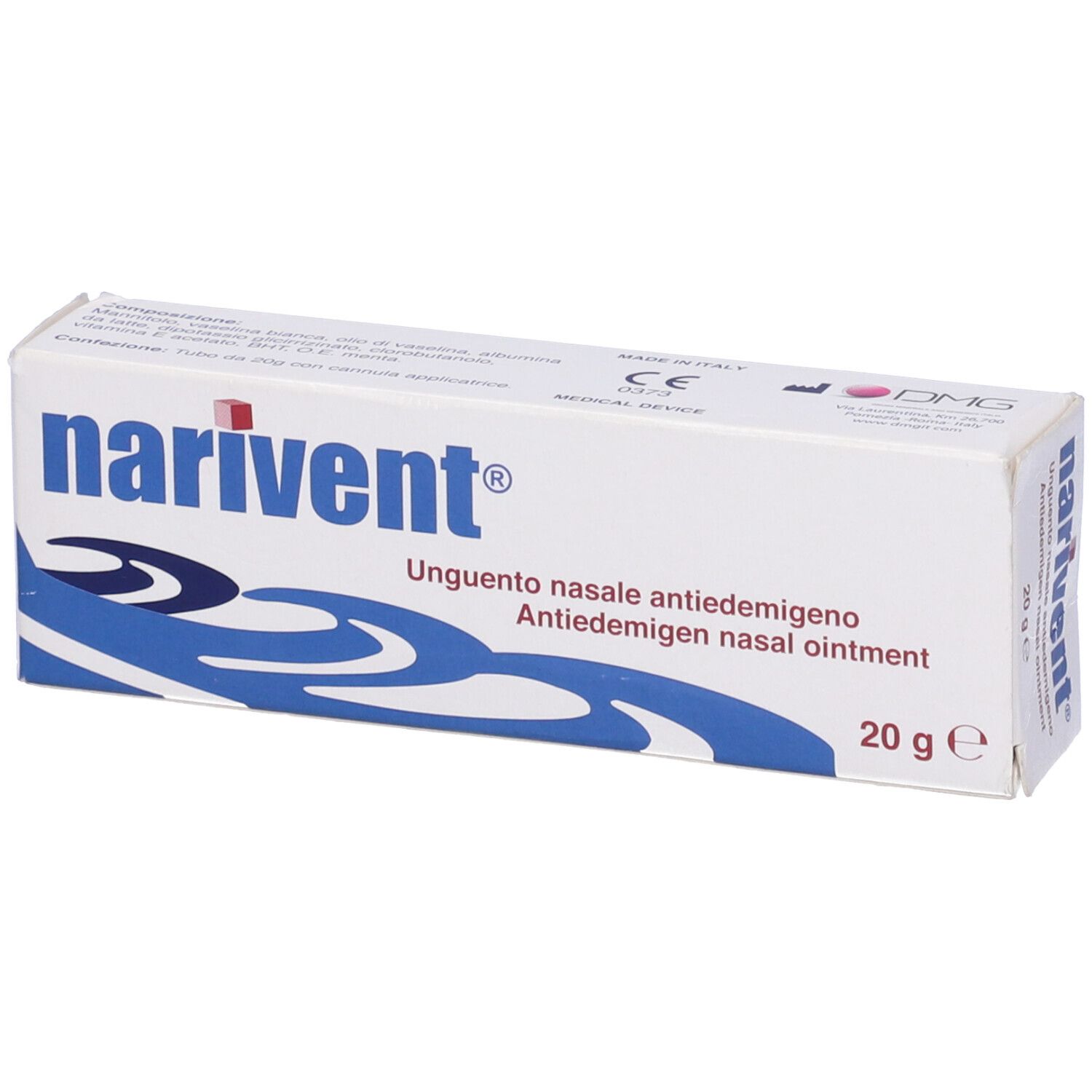 Scatola bianca con logo "narivent". Testo: Unguento nasale antiedemigeno, 20 g. Vista laterale con testo e codice.