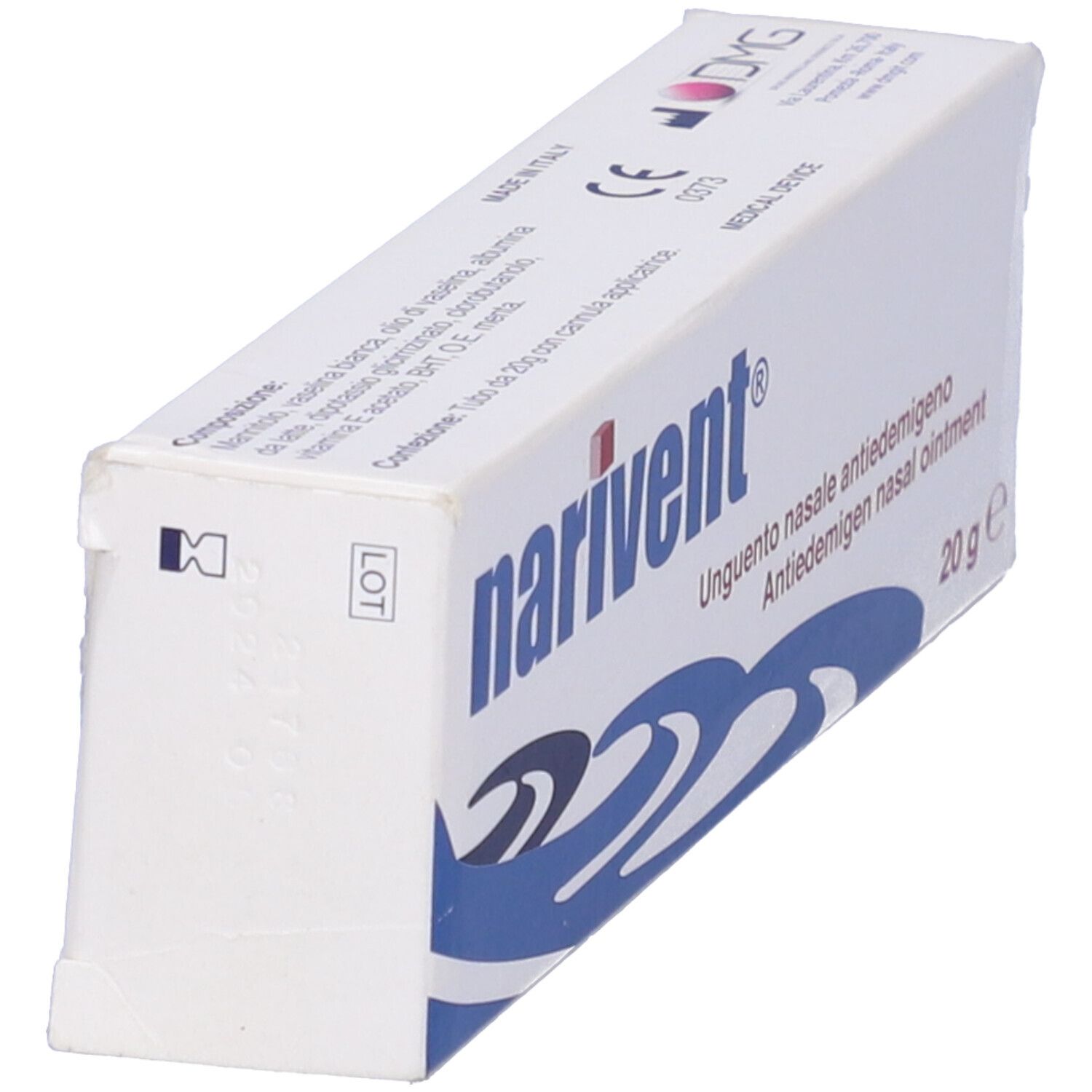 Scatola bianca con logo "narivent". Testo: Unguento nasale antiedemigeno, 20 g. Vista laterale con testo e codice.