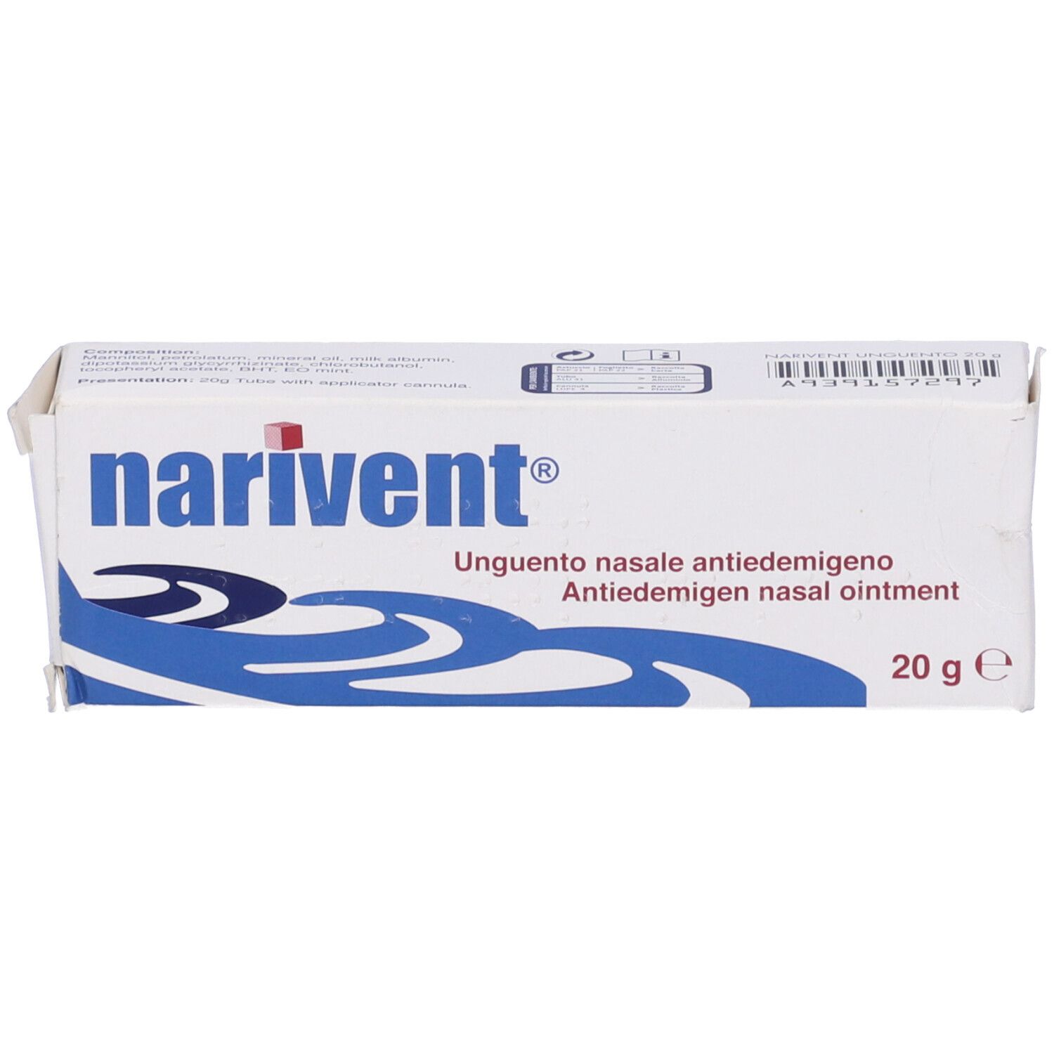 Scatola bianca con logo "narivent". Testo: Unguento nasale antiedemigeno, 20 g. Codice a barre e altre informazioni.