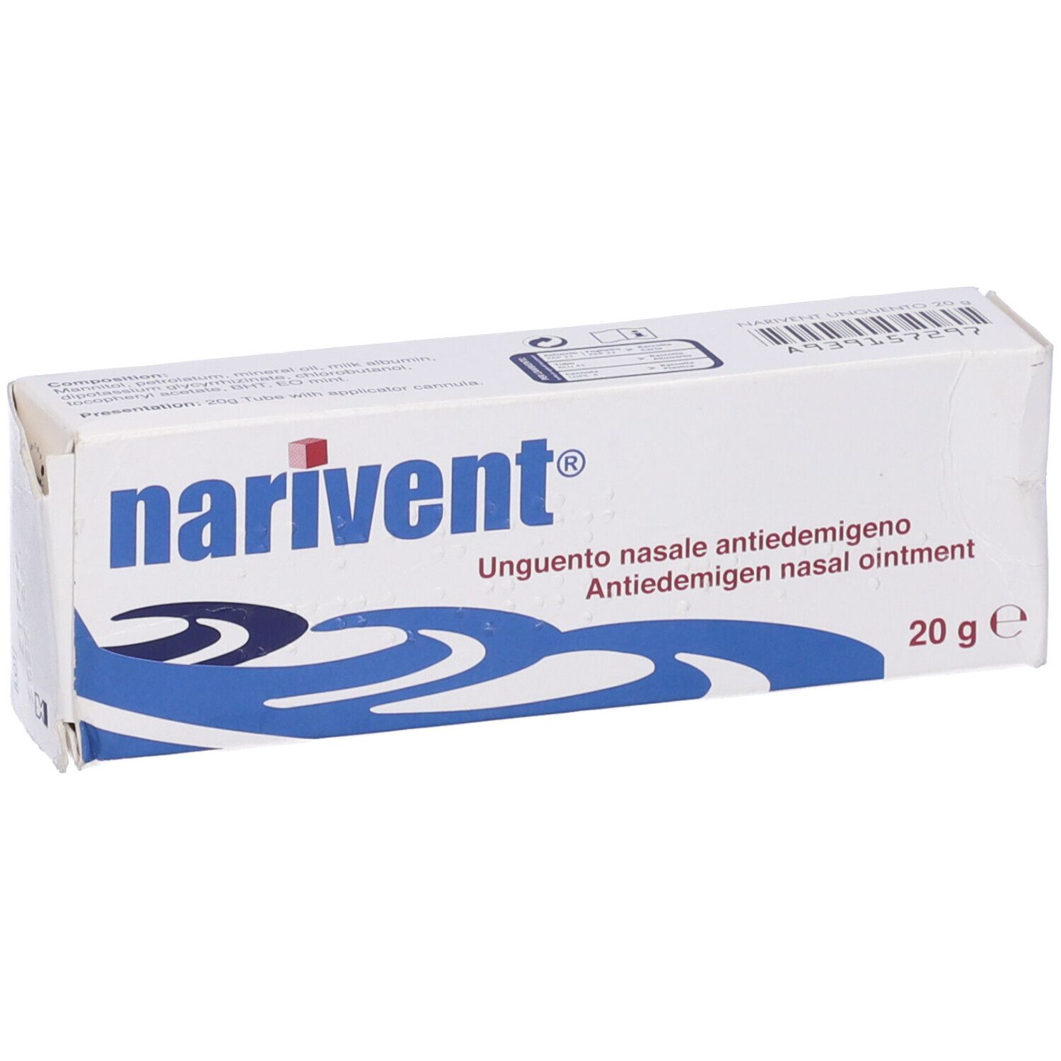 Scatola bianca con logo "narivent". Testo: Unguento nasale antiedemigeno, 20 g. Codice a barre e altre informazioni.