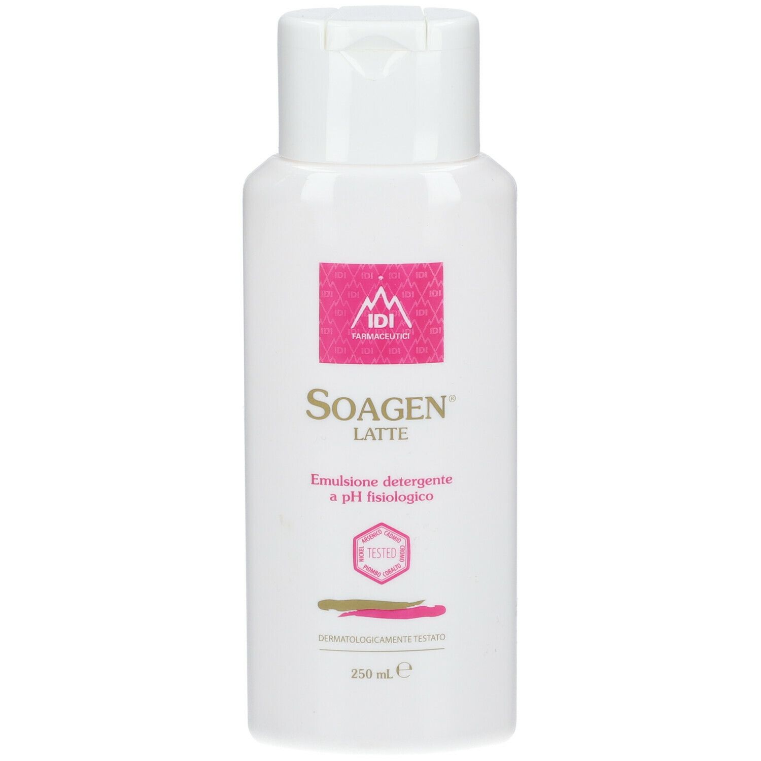 Flacone bianco con tappo a ribalta. Etichetta rosa con nome del prodotto Soagen Latte e altre informazioni. 250 ml.