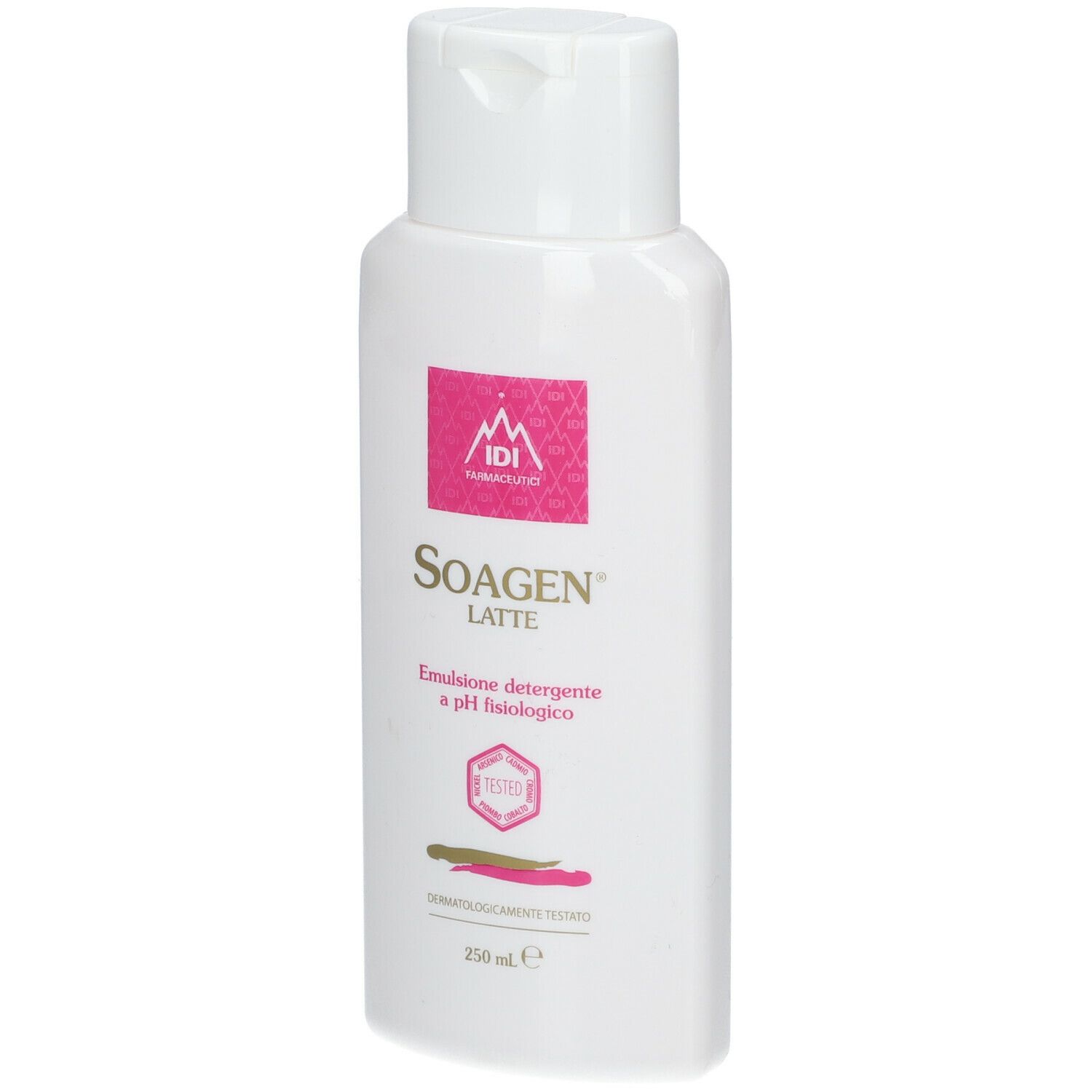 Flacone bianco con tappo a ribalta. Etichetta rosa con nome del prodotto Soagen Latte e altre informazioni. 250 ml.