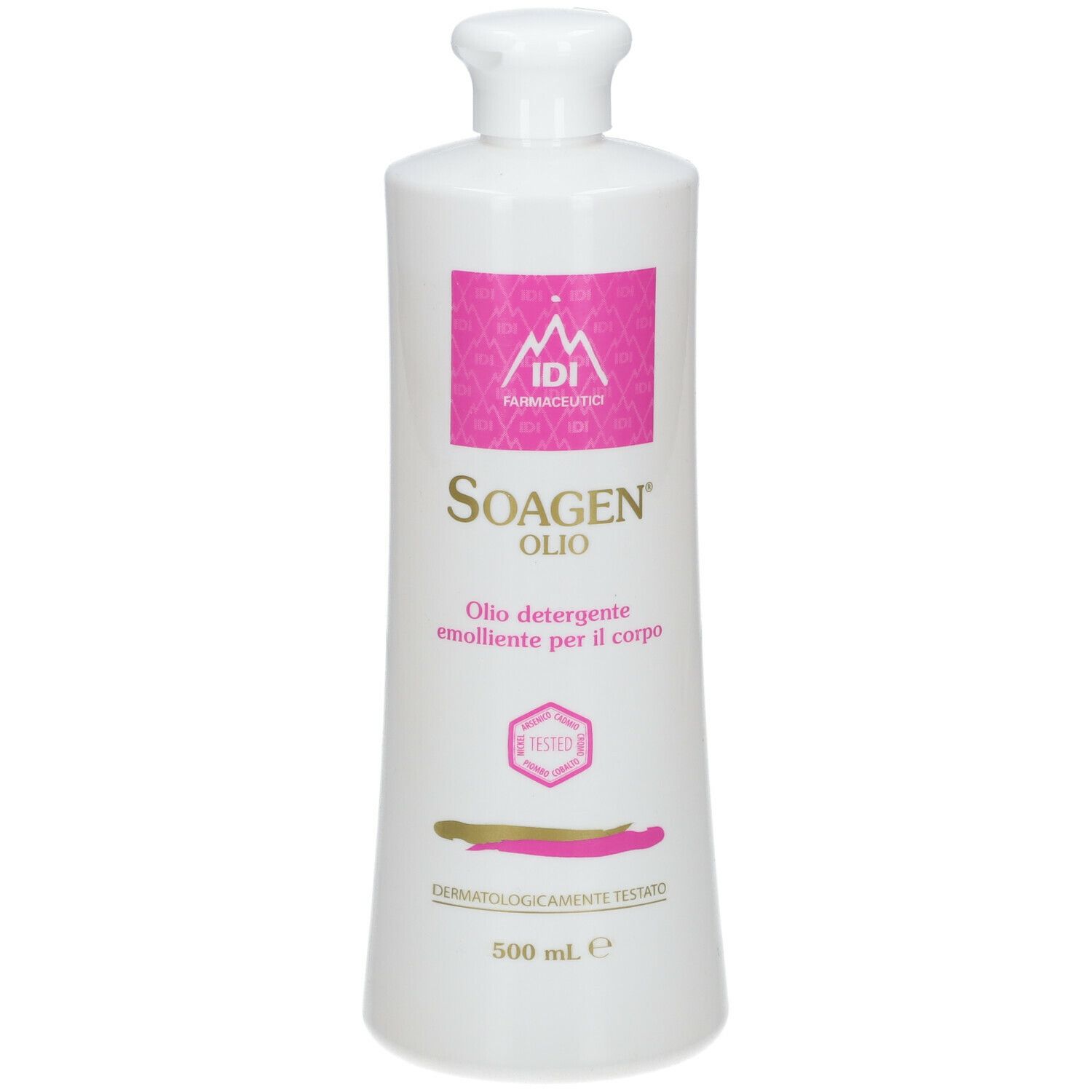 Flacone bianco con etichetta rosa. Scritta: Soagen Olio. Dermatologicamente testato. 500 ml.