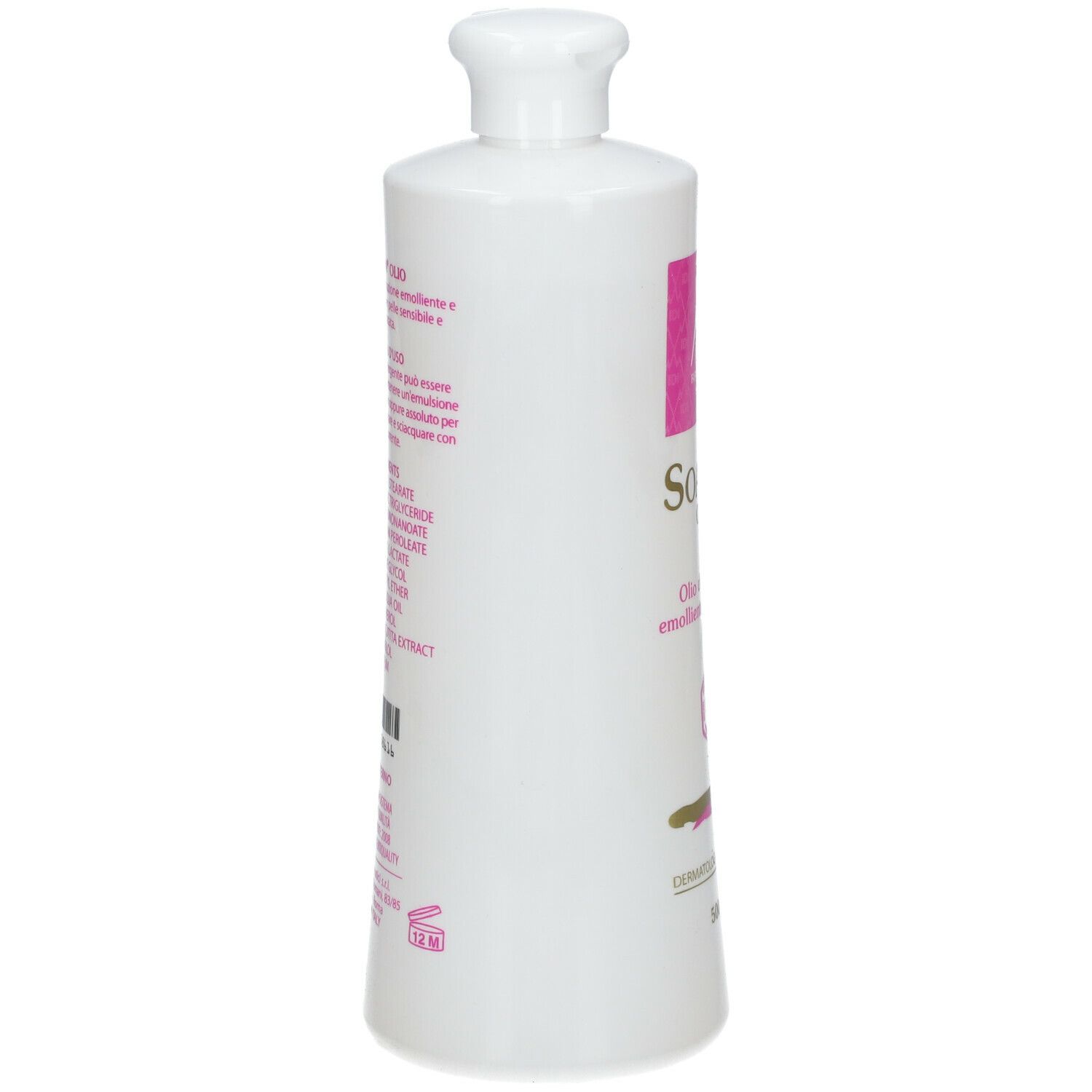 Flacone bianco con etichetta rosa. Testo con ingredienti e istruzioni per l'uso. Codice a barre.