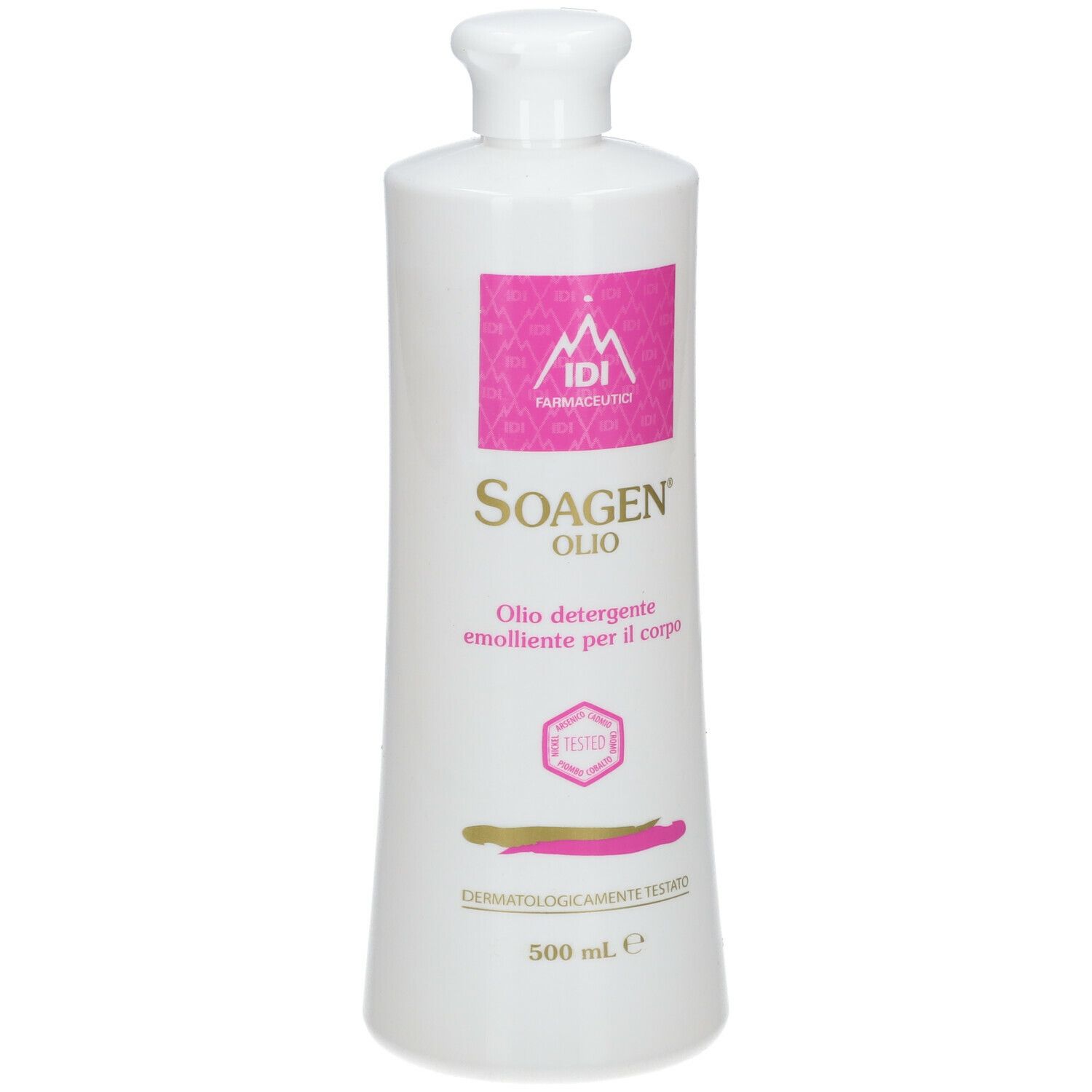 Flacone bianco con etichetta rosa. Scritta: Soagen Olio. Dermatologicamente testato. 500 ml.