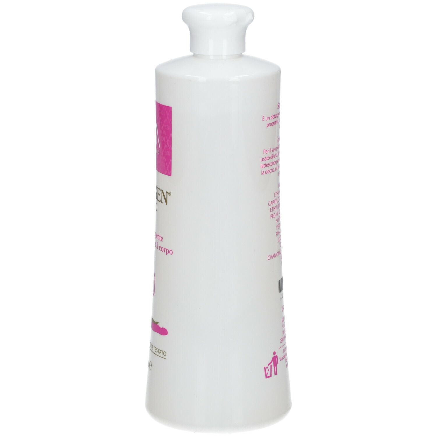 Flacone bianco con etichetta rosa. Testo con ingredienti e istruzioni per l'uso. Codice a barre.