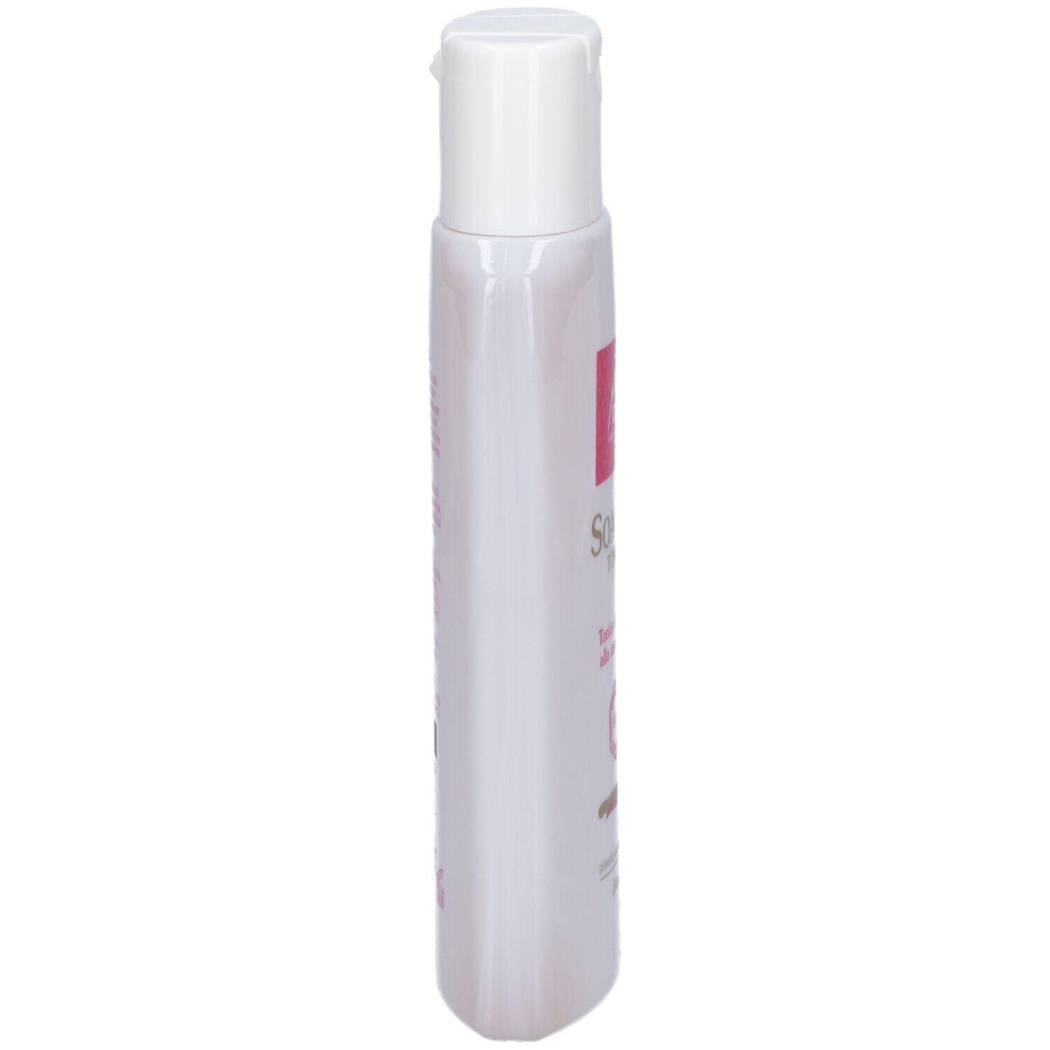 Flacone bianco sottile con tappo a ribalta. Vista laterale. Etichetta rosa con informazioni sul prodotto.
