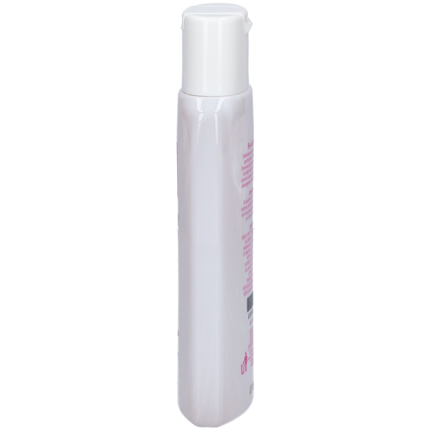 Flacone bianco sottile con tappo a ribalta. Vista laterale. Etichetta rosa con informazioni sul prodotto.