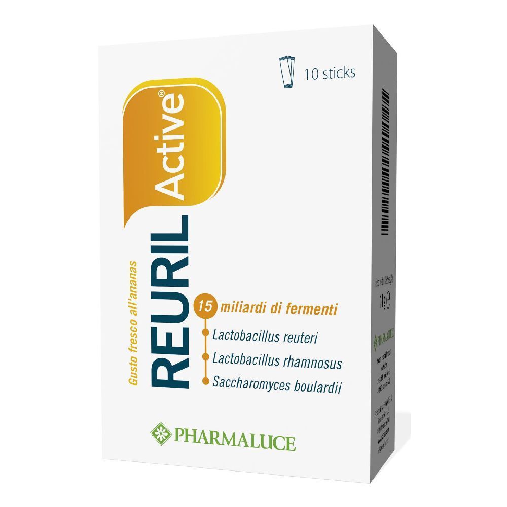 Confezione Reuril Active. Contiene 10 stick. Scritta: 15 miliardi di fermenti, Lactobacillus reuteri, Lactobacillus rhamnosus, Saccharomyces boulardii.
