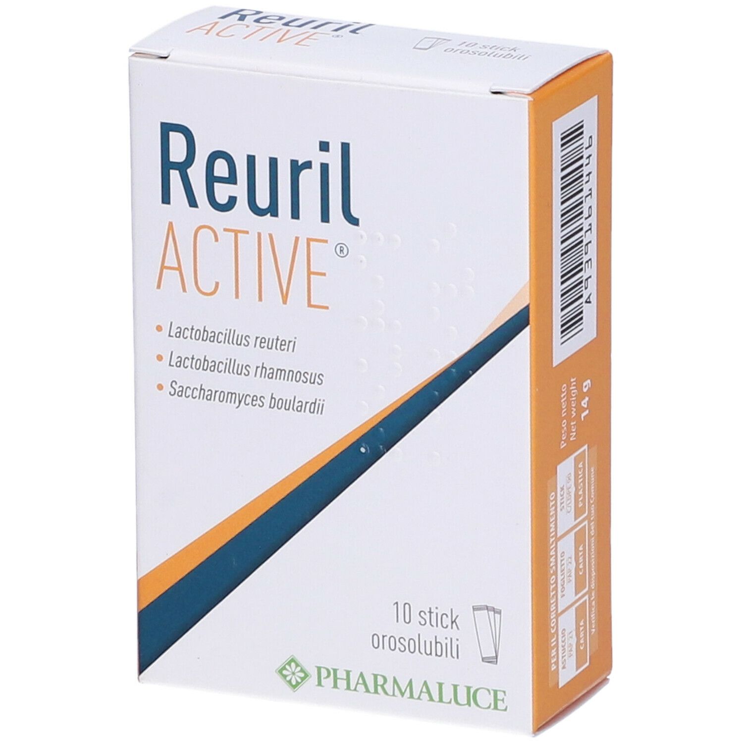 Confezione Reuril Active. Contiene 10 stick. Scritta: Lactobacillus reuteri, Lactobacillus rhamnosus, Saccharomyces boulardii. Marchio: Pharmaluce.