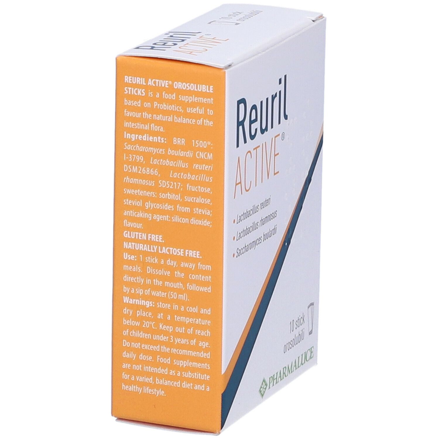 Confezione Reuril Active. Contiene 10 stick. Scritta: Lactobacillus reuteri, Lactobacillus rhamnosus, Saccharomyces boulardii. Marchio: Pharmaluce.