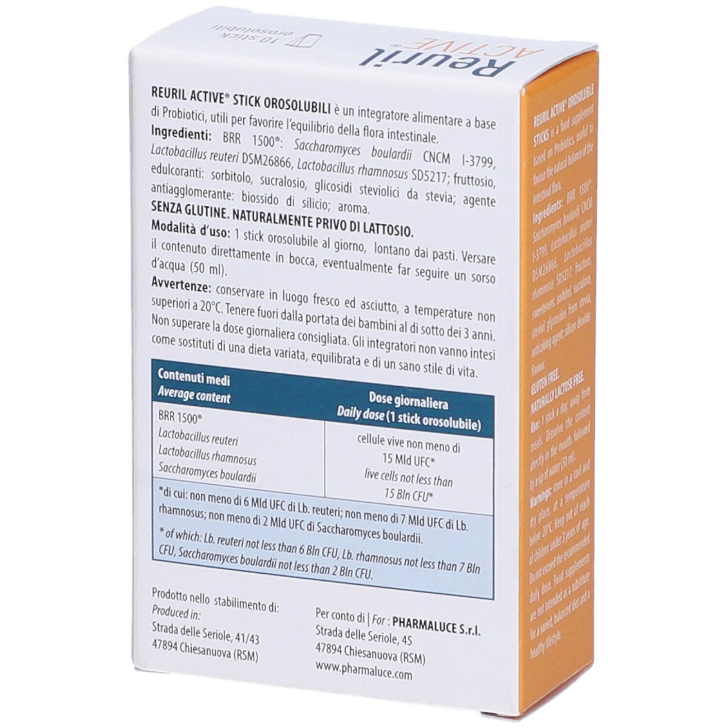 Confezione Reuril Active. Contiene 10 stick. Scritta: Lactobacillus reuteri, Lactobacillus rhamnosus, Saccharomyces boulardii. Marchio: Pharmaluce.