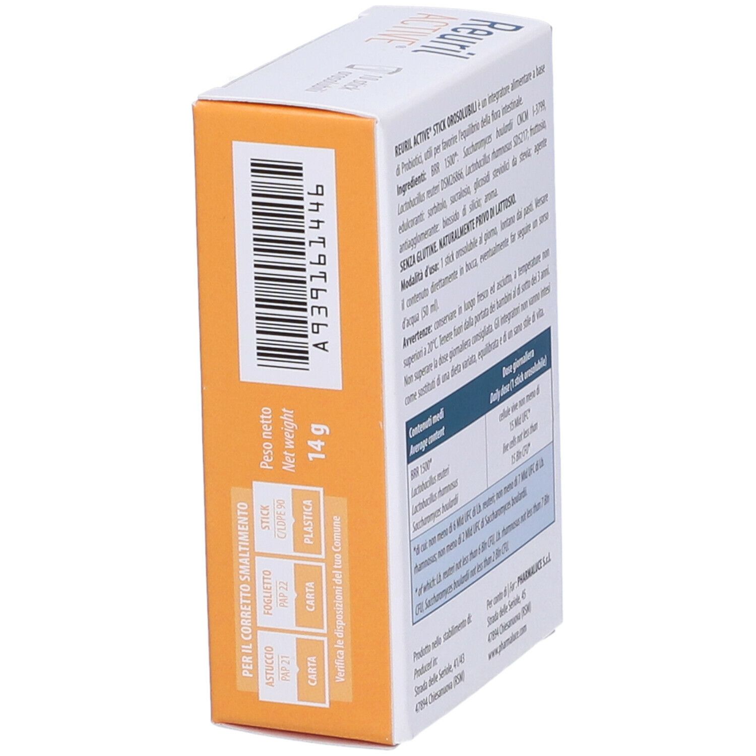 Confezione Reuril Active. Contiene 10 stick. Scritta: Lactobacillus reuteri, Lactobacillus rhamnosus, Saccharomyces boulardii. Marchio: Pharmaluce.