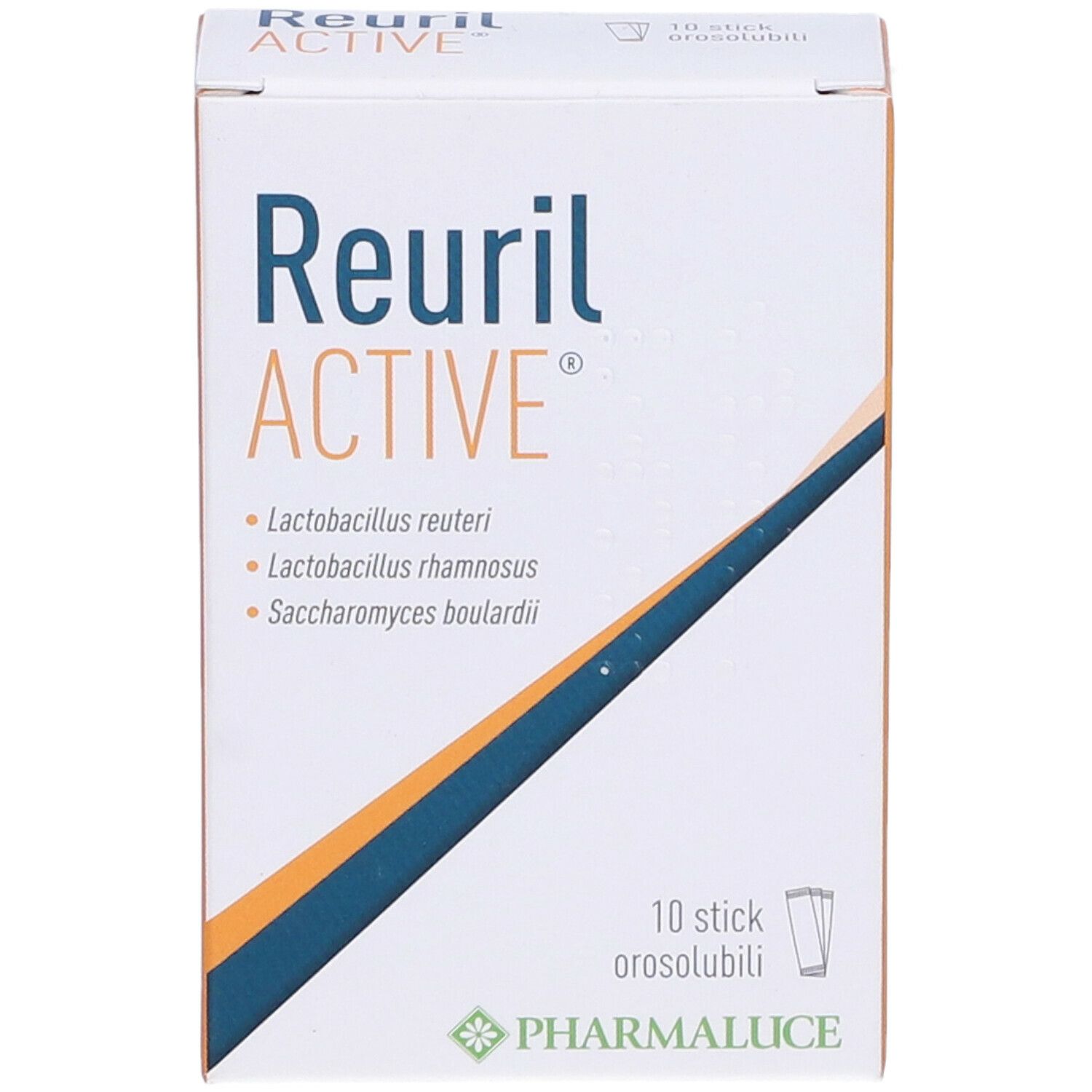 Confezione Reuril Active. Contiene 10 stick. Scritta: Lactobacillus reuteri, Lactobacillus rhamnosus, Saccharomyces boulardii. Marchio: Pharmaluce.