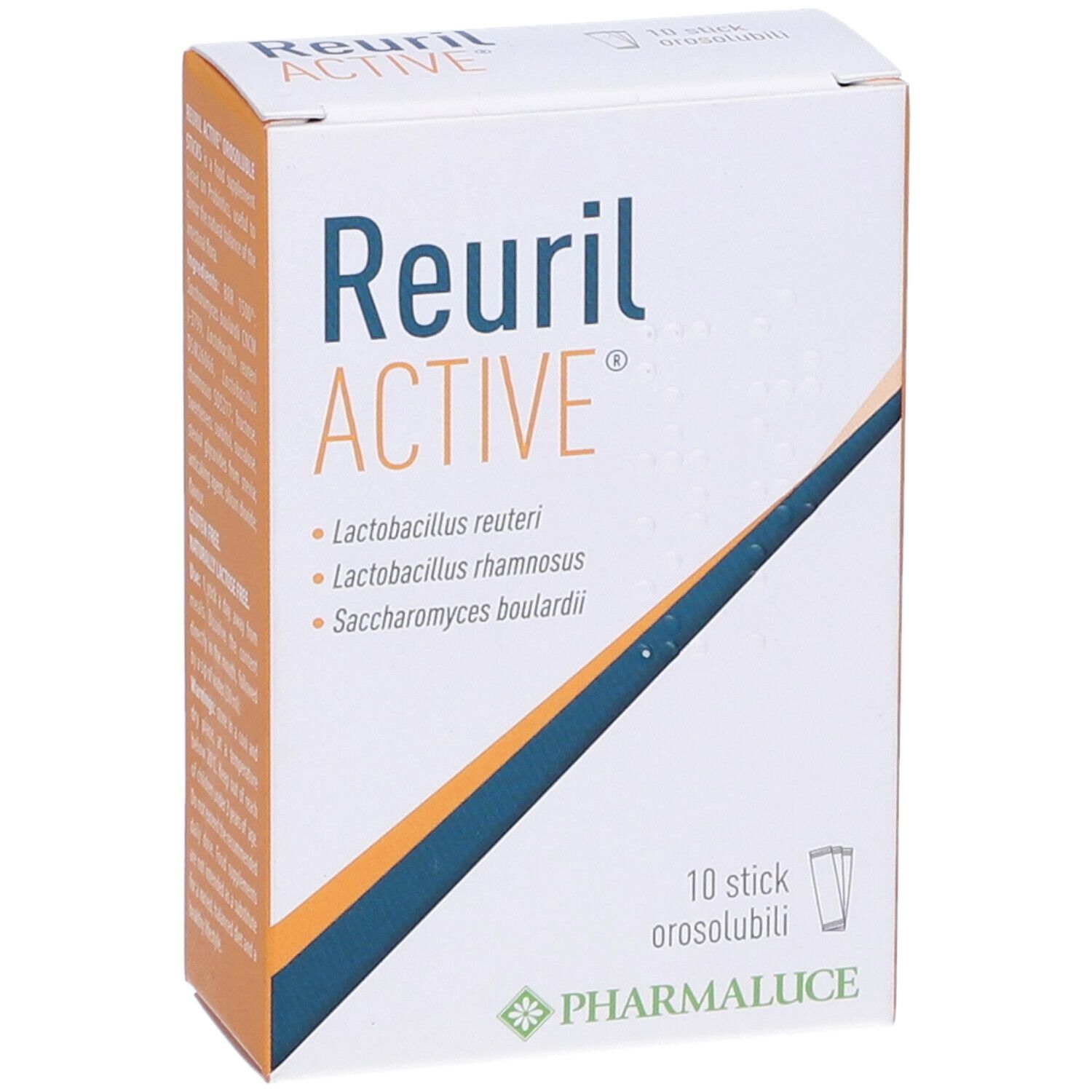 Confezione Reuril Active. Contiene 10 stick. Scritta: Lactobacillus reuteri, Lactobacillus rhamnosus, Saccharomyces boulardii. Marchio: Pharmaluce.