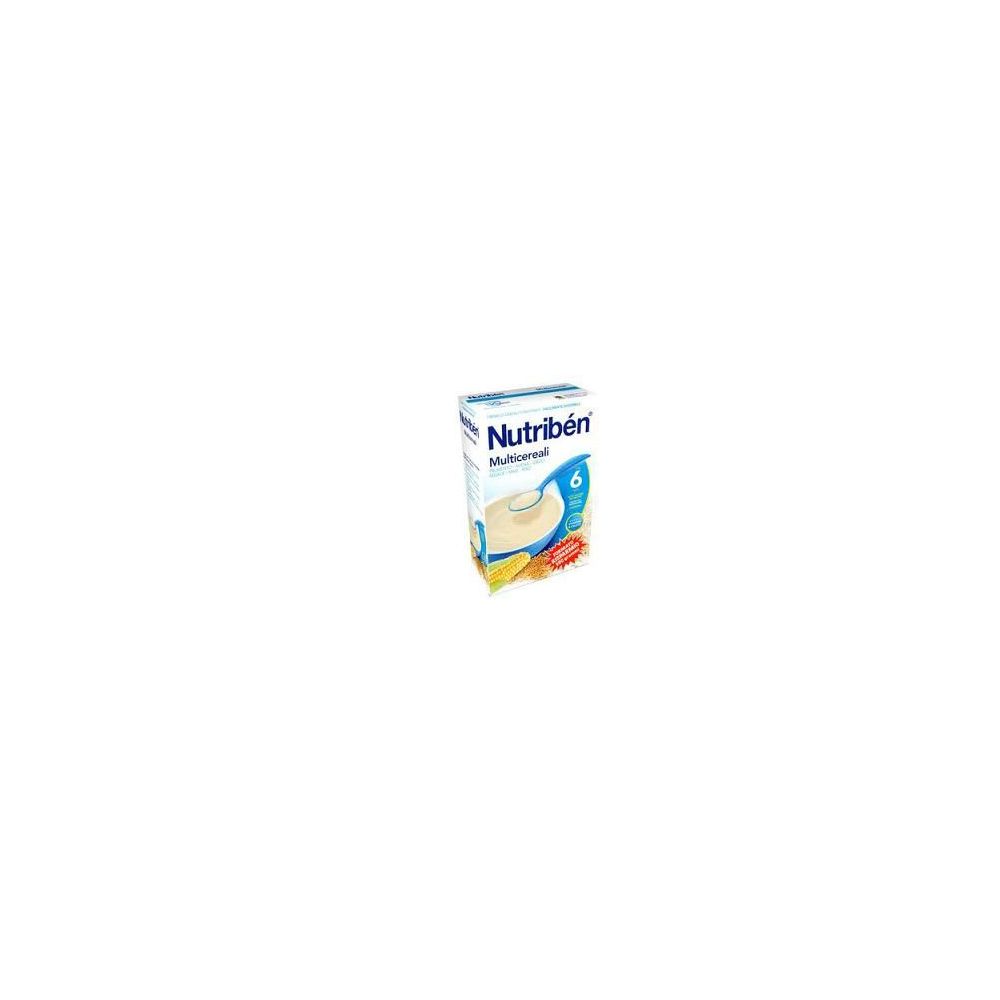 Confezione di Nutribén Multicereali. Confezione blu e bianca con nome del prodotto e immagine di pappa di cereali.