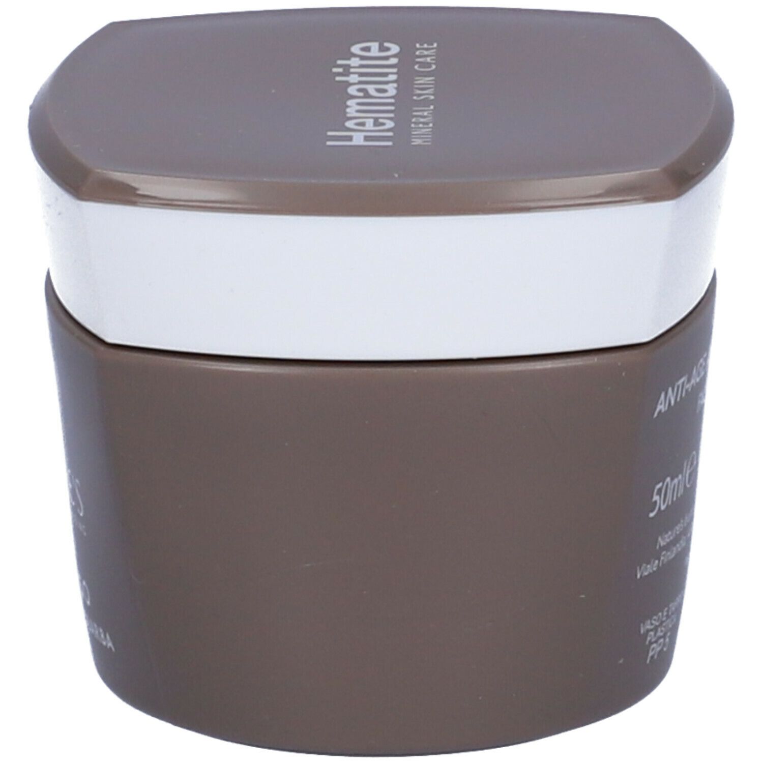 Vaso di crema marrone con coperchio bianco. Scritta: Hämatite, 50ml.