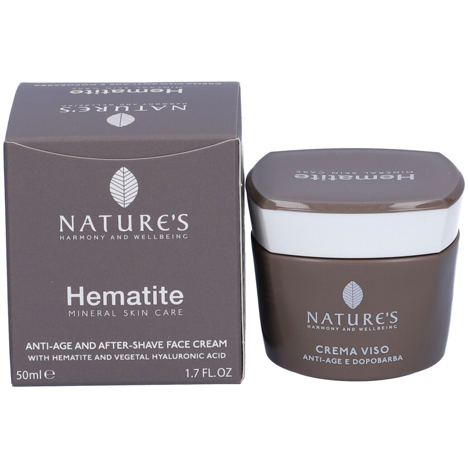 Vaso di crema e scatola. Scritta: Hämatite, NATURE'S, Anti-età e Dopobarba, 50ml, 1.7 FL.OZ.