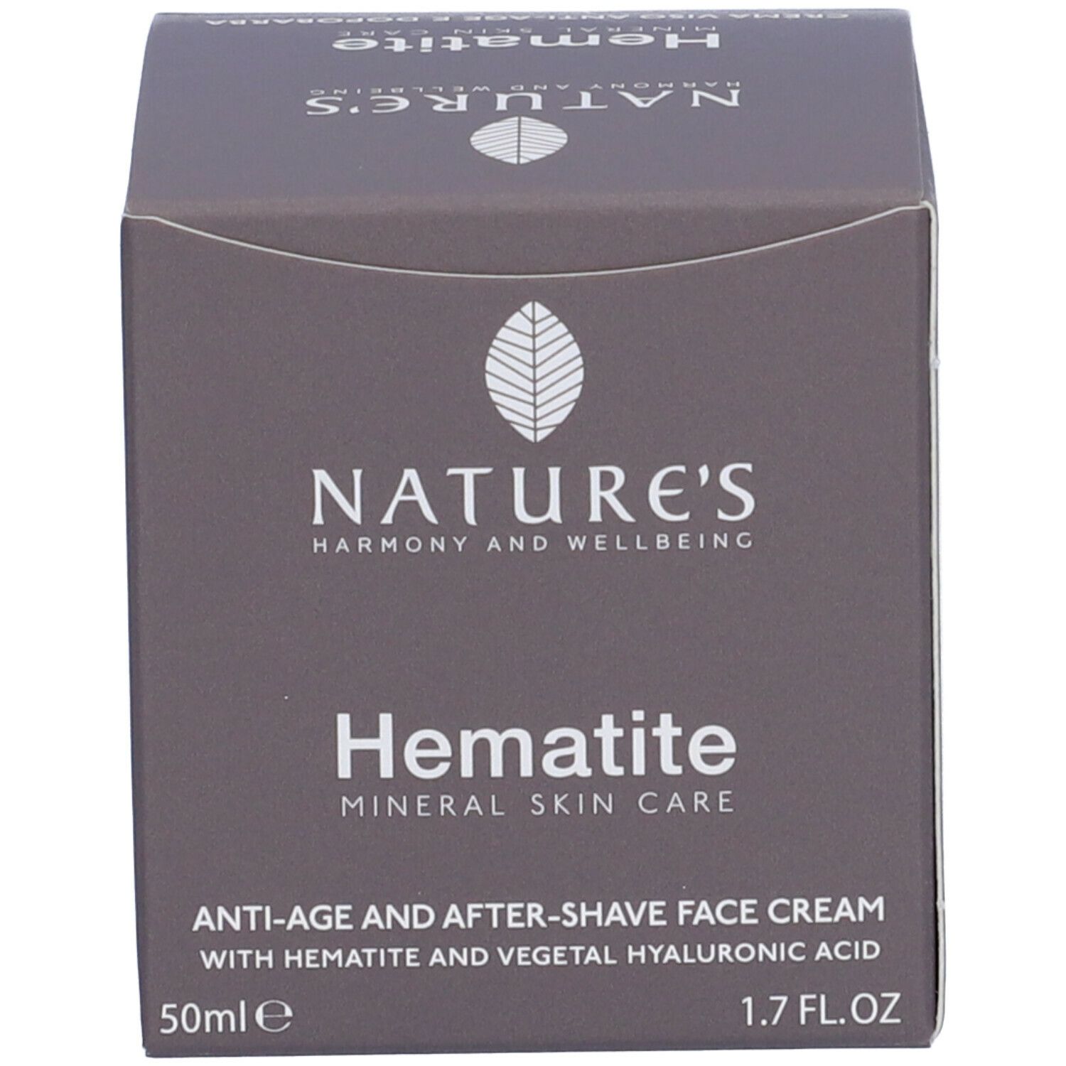 Scatola. Scritta: Hämatite, NATURE'S, Anti-età e Dopobarba, 50ml, 1.7 FL.OZ.