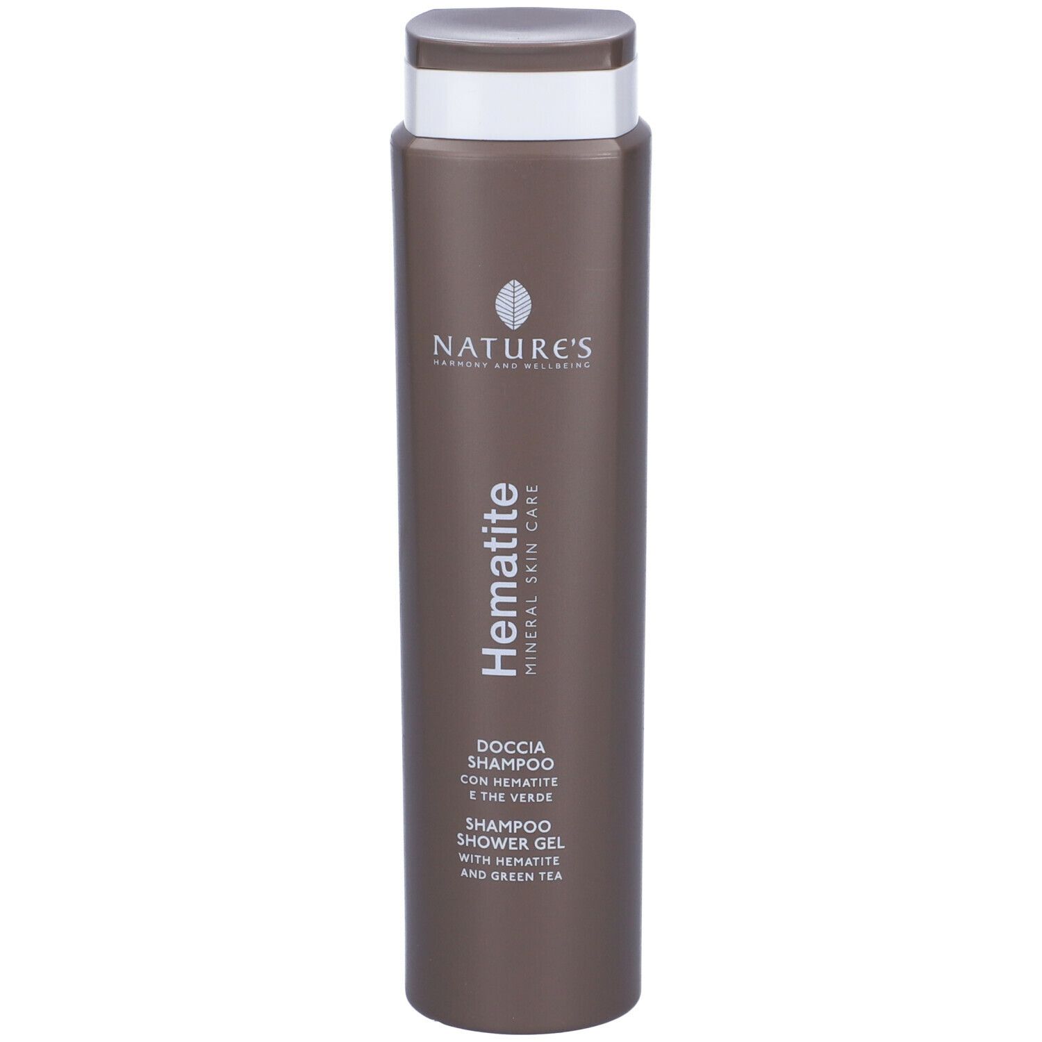 Flacone marrone con tappo bianco. Scritta: NATURE'S, Hematite, Doccia Shampoo.