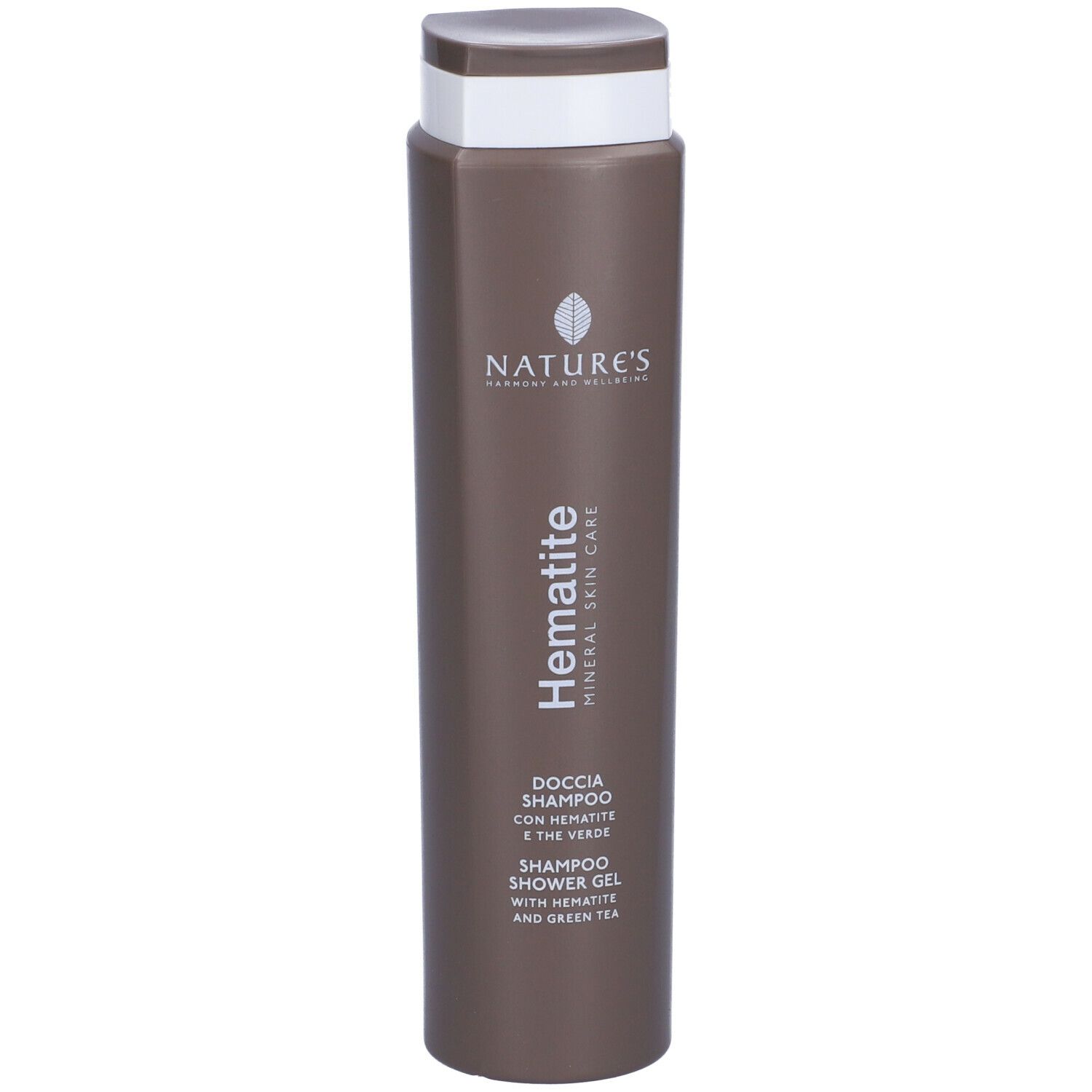 Flacone marrone con tappo bianco. Scritta: NATURE'S, Hematite, Doccia Shampoo.