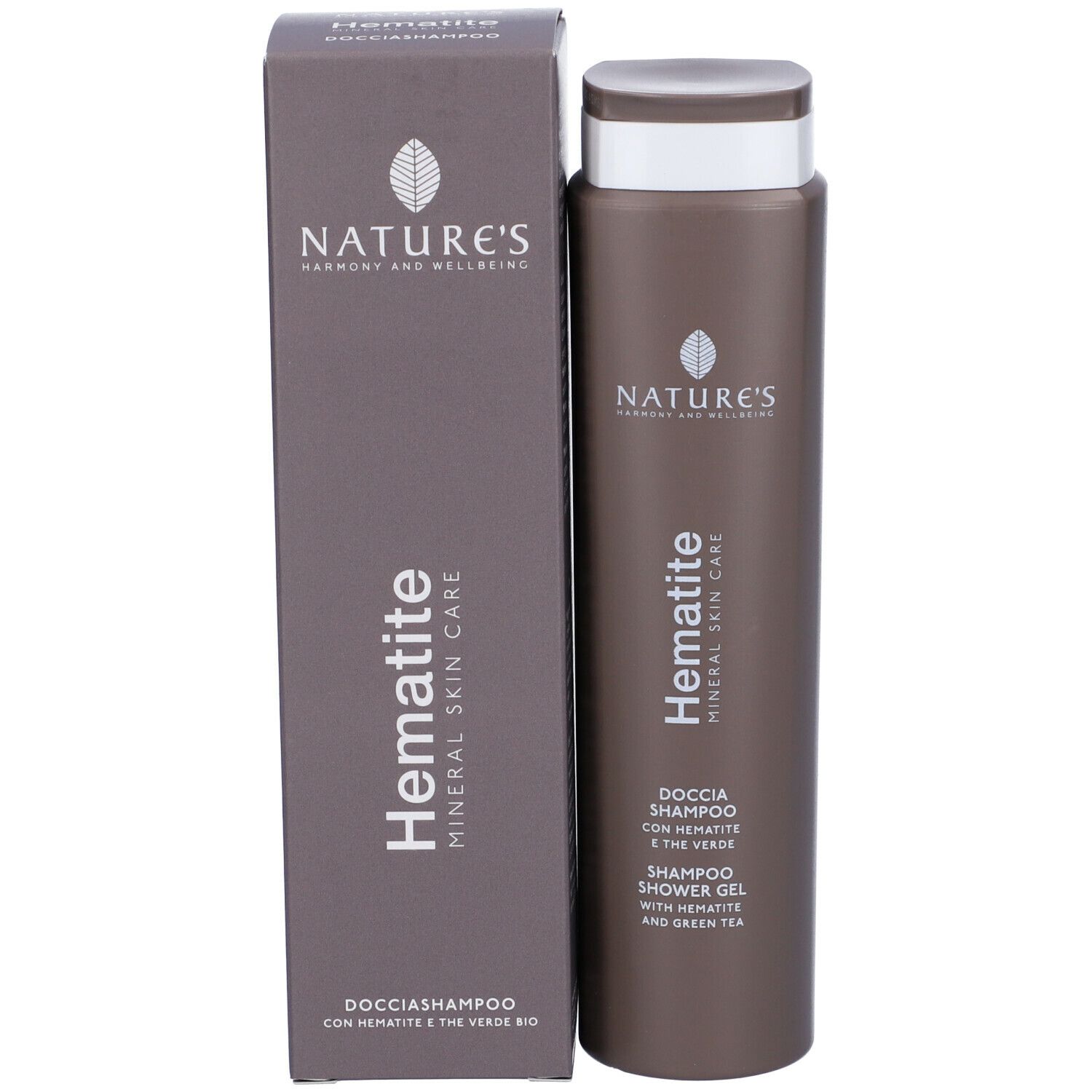 Flacone marrone e scatola. Scritta: NATURE'S, Hematite, Doccia Shampoo.