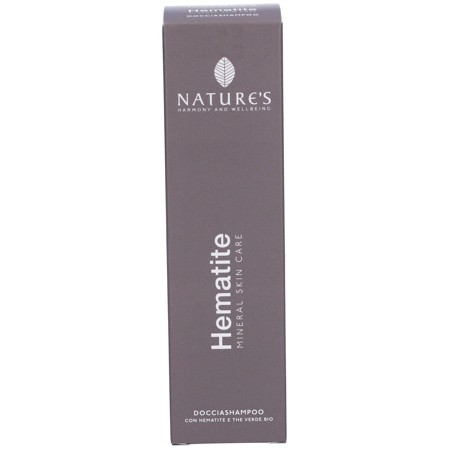 Scatola marrone. Scritta: NATURE'S, Hematite, Doccia Shampoo.