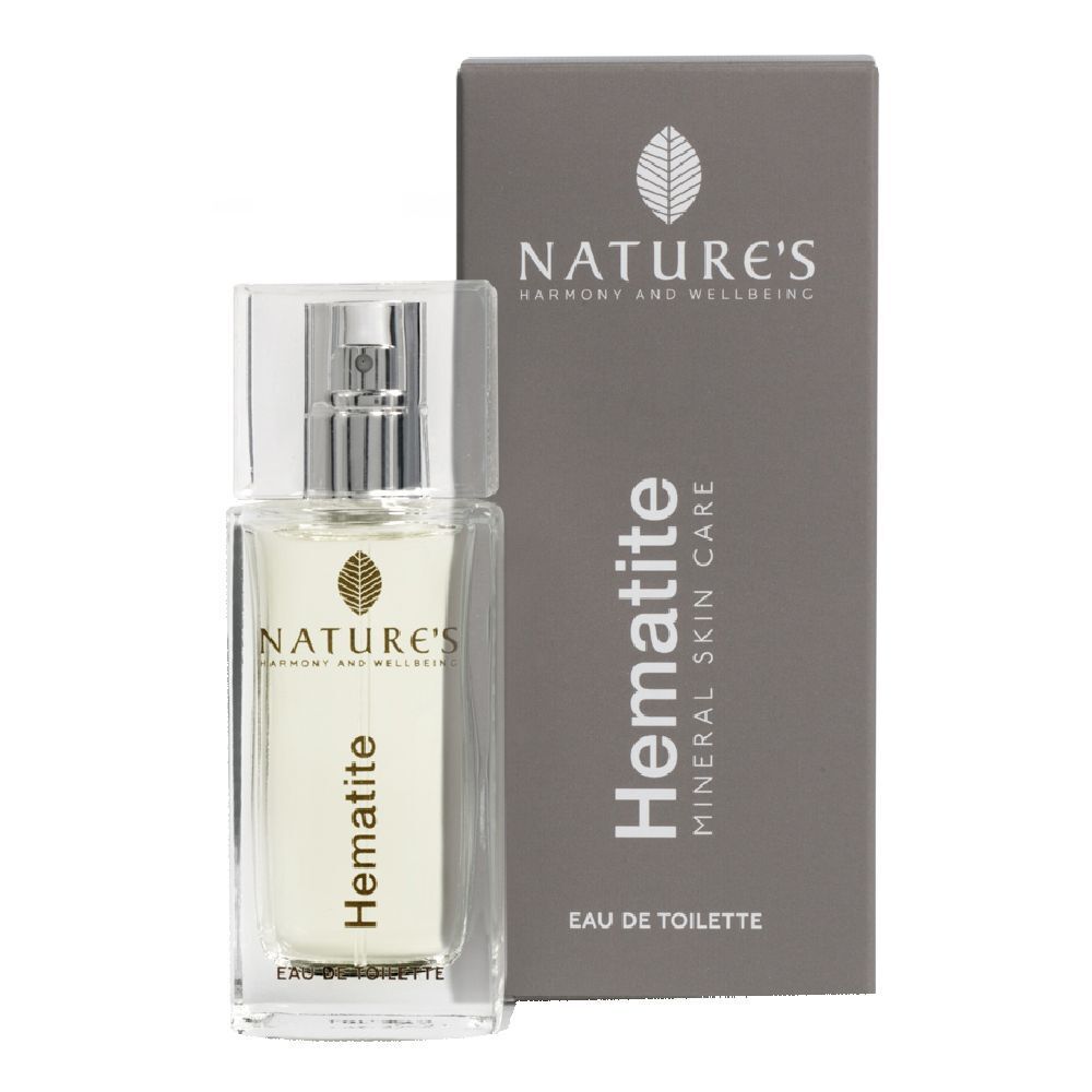 Flacone e scatola di Nature's Hematite Eau de Toilette. Scritta: Hematite, Mineral Skin Care, Eau de Toilette.