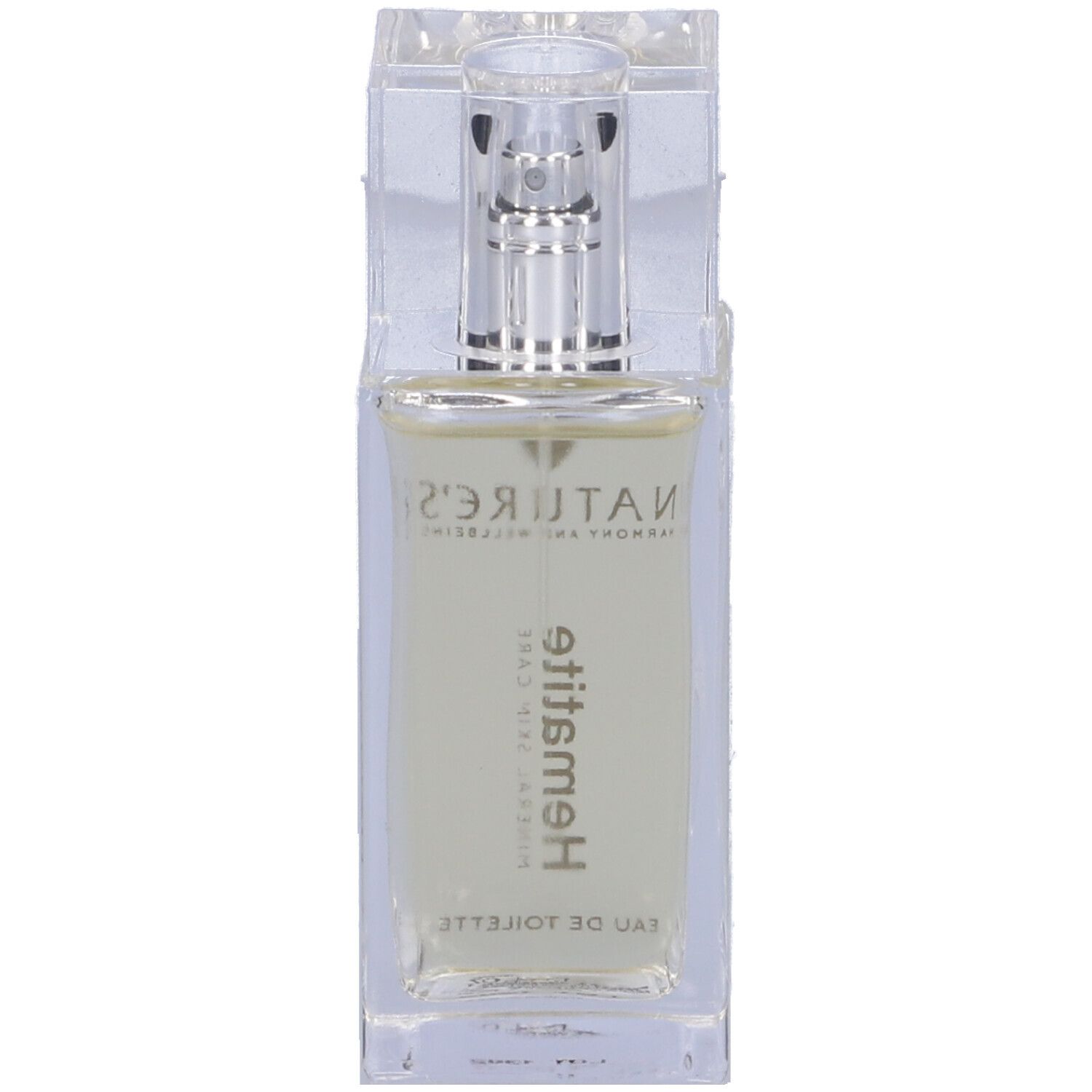 Flacone ruotato di Nature's Hematite Eau de Toilette con vaporizzatore. Liquido giallo chiaro.