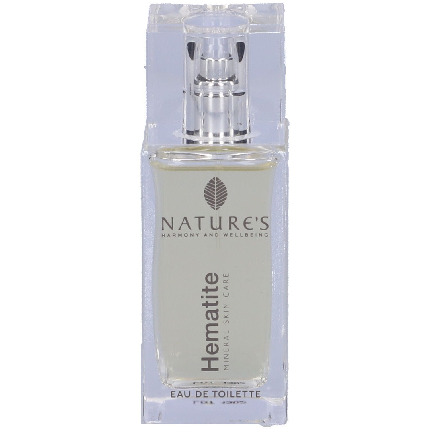 Flacone di Nature's Hematite Eau de Toilette con vaporizzatore. Scritta: Hematite, Mineral Skin Care, Eau de Toilette.